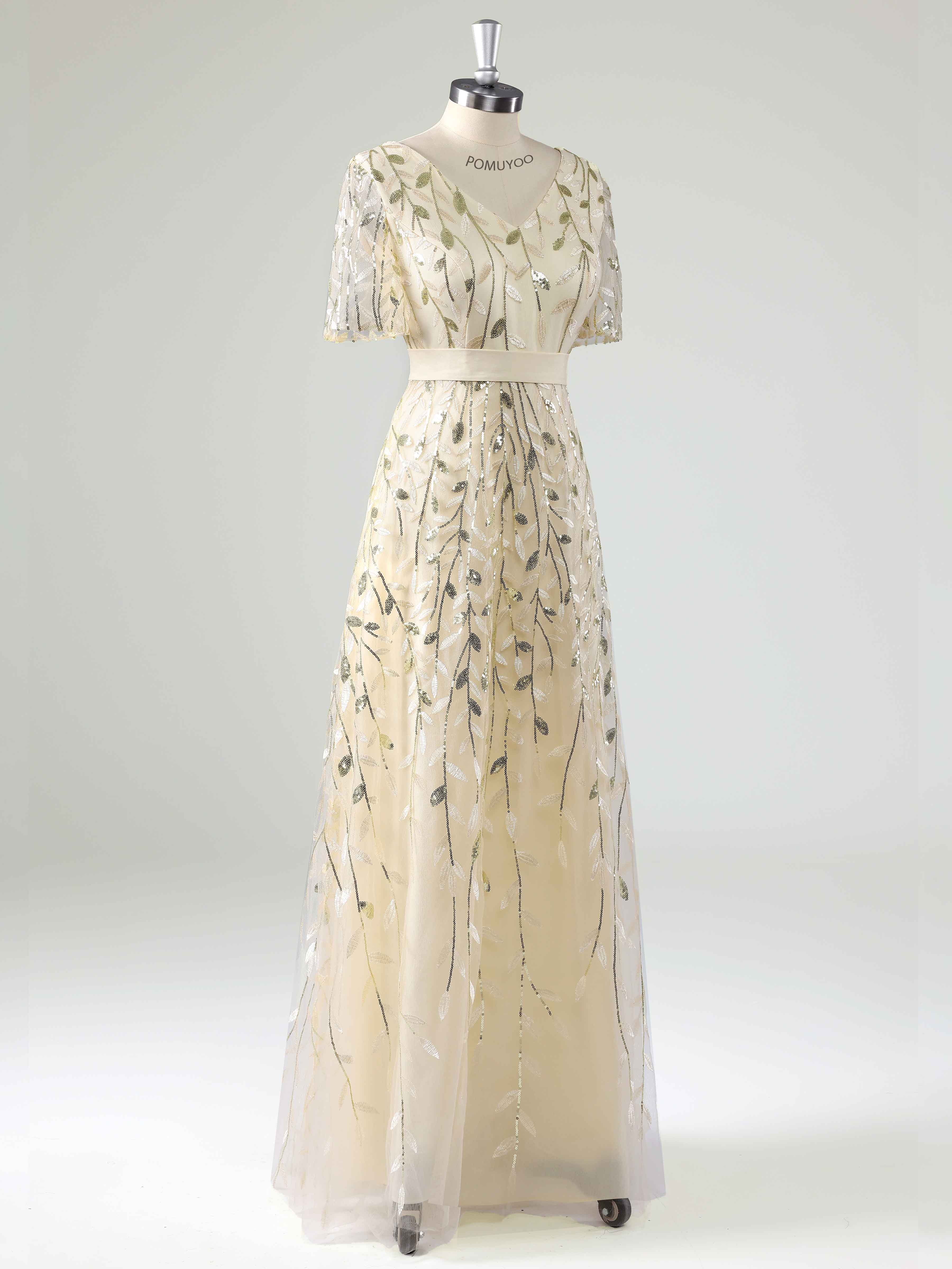 Charming A-Line V Neck Short Sleeves Leaf Sequin Long Mother Of The Bride Dresses