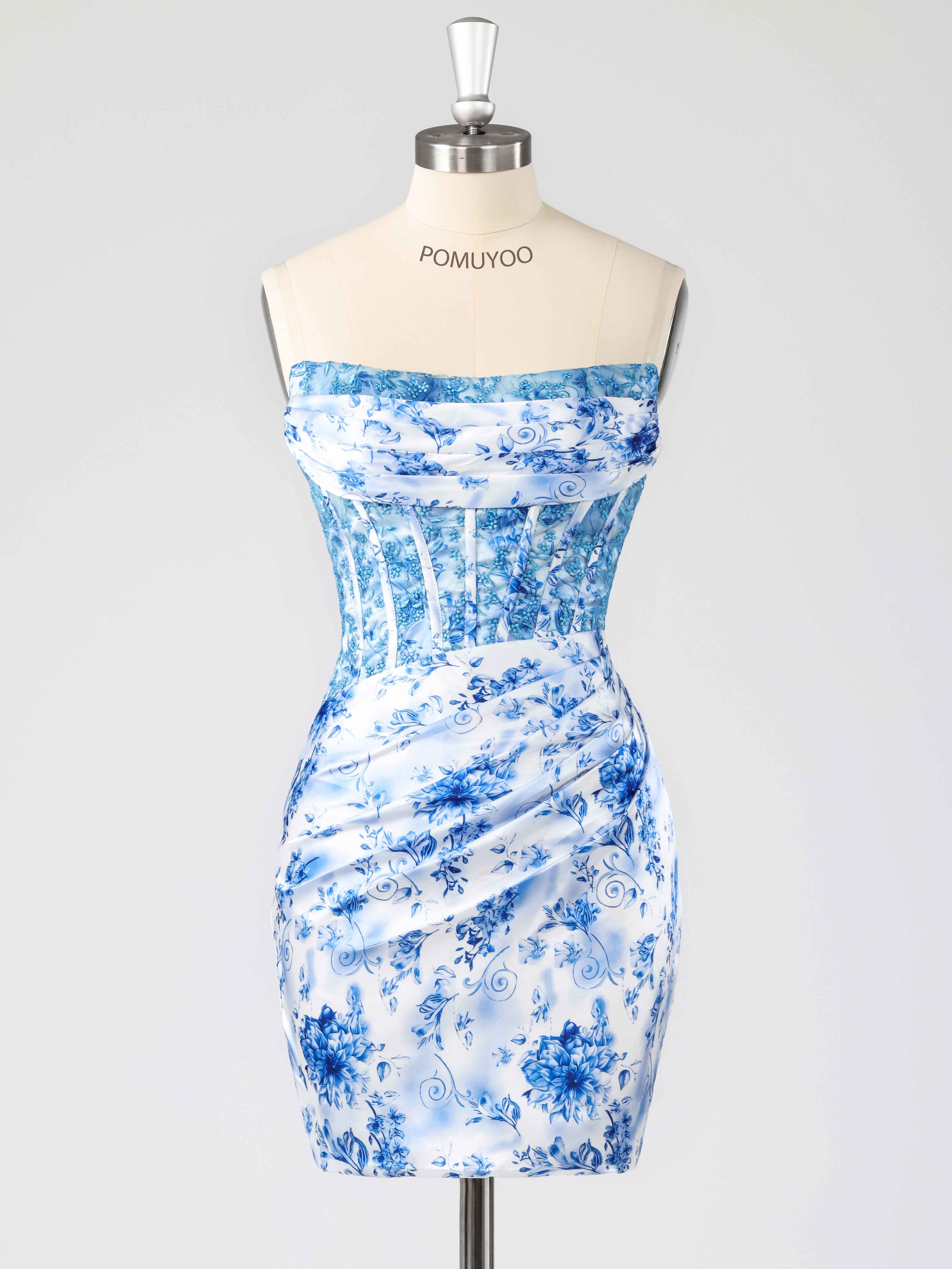 Charming Sheath Strapless Pleated Floral Print Chiffon Mini Homecoming Dresses