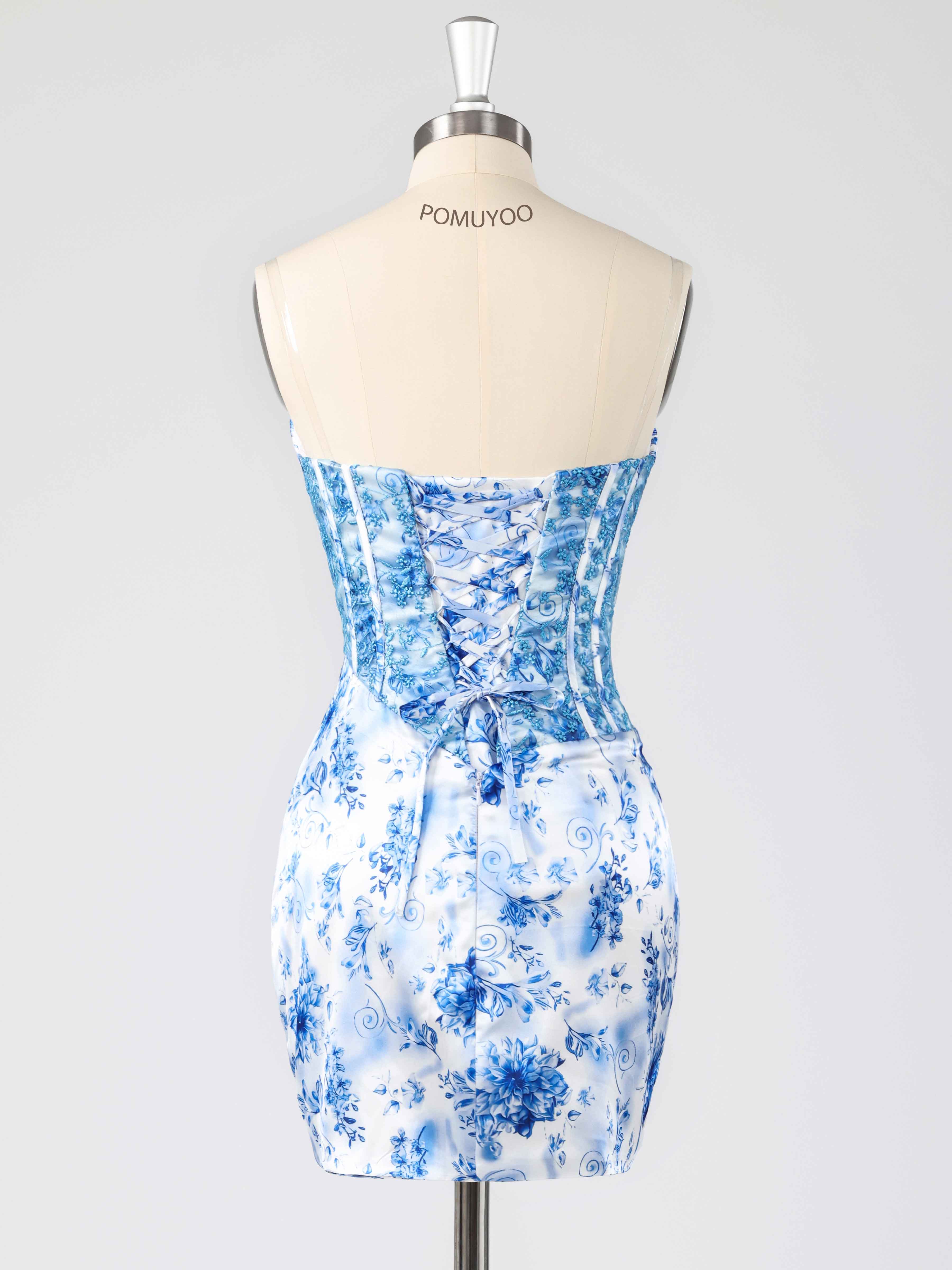 Charming Sheath Strapless Pleated Floral Print Chiffon Mini Homecoming Dresses