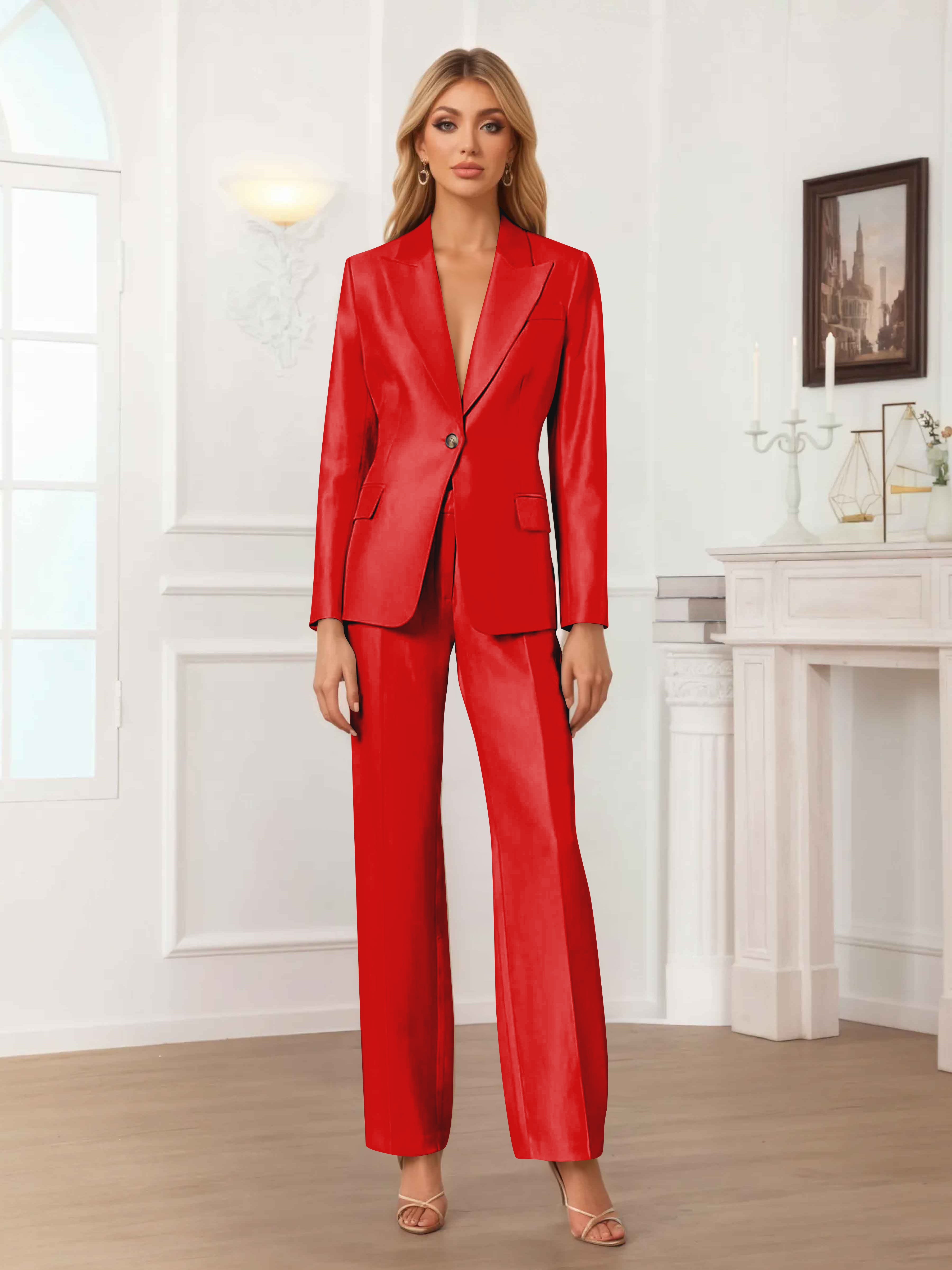 Women's 2 Pieces Peak Lapel One-Button Satin Formal Suit Set