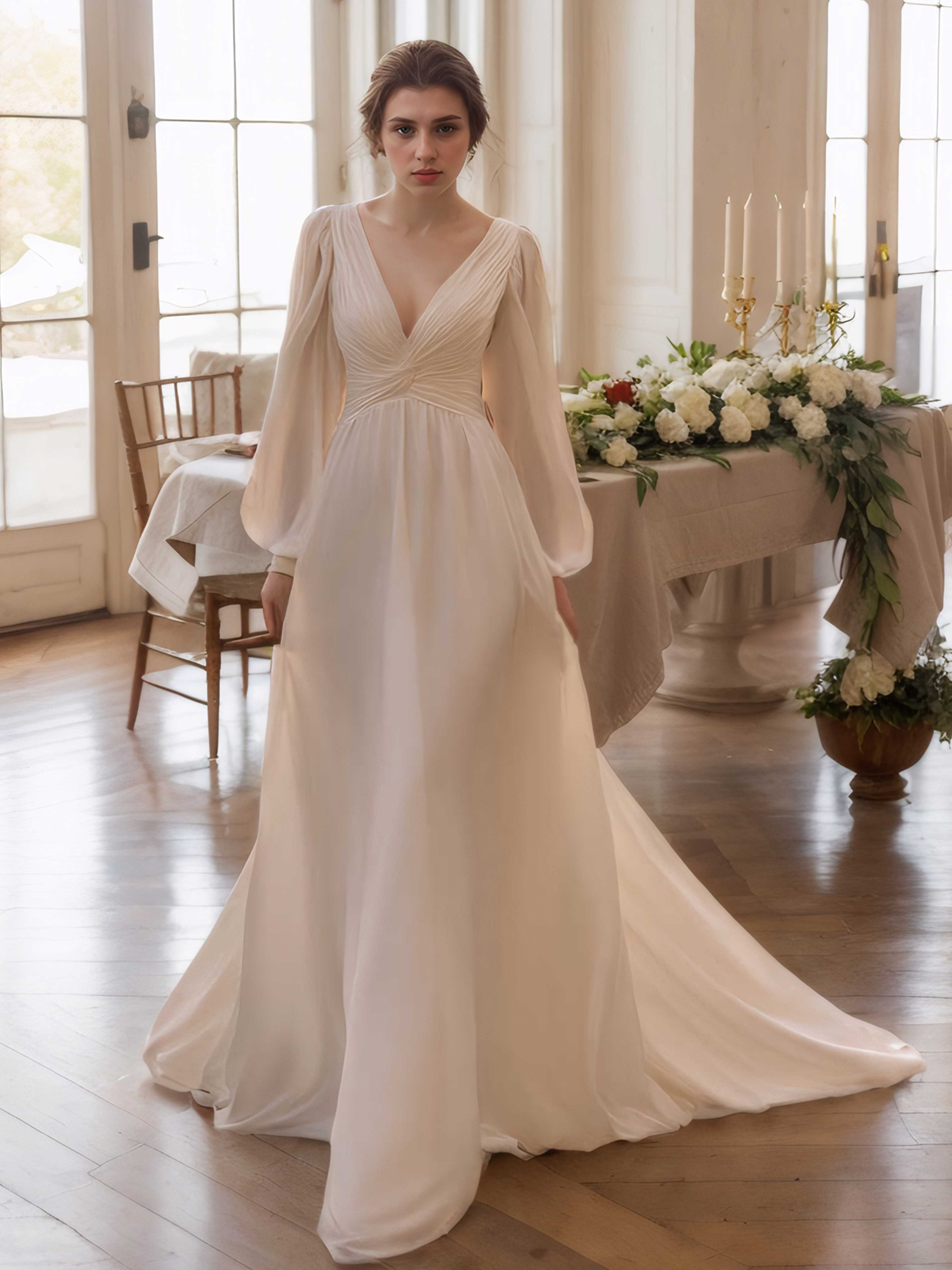 Cheyenne Graceful V Neck Long Sleeves Chiffon Wedding Dress
