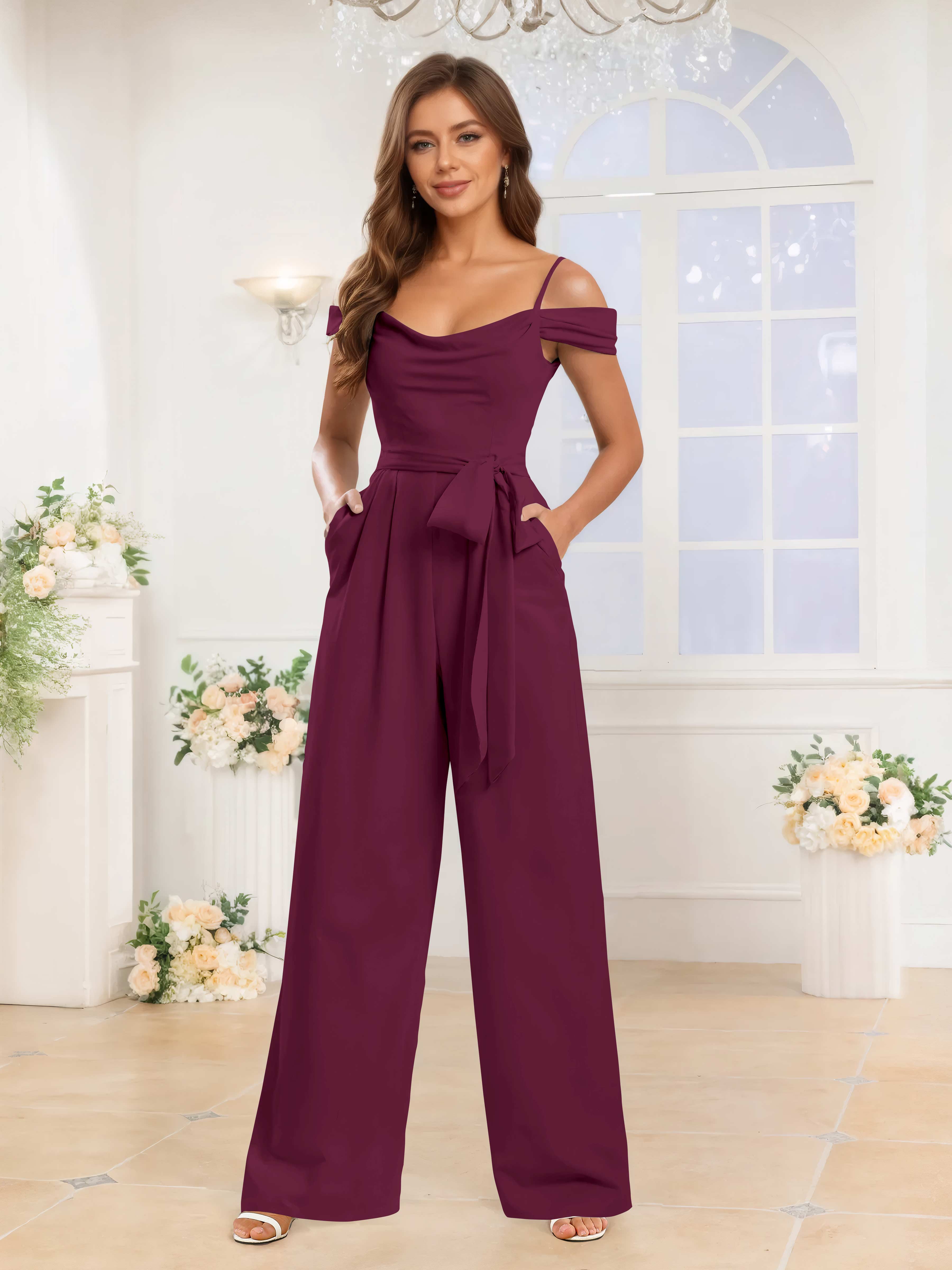 Chic Cold Shoulder Cowl Chiffon Jumpsuit For Bridesmaids With Pockets, Desert Rose Chic Cold Shoulder Cowl Chiffon Jumpsuit For Bridesmaids With Pockets, Desert Rose