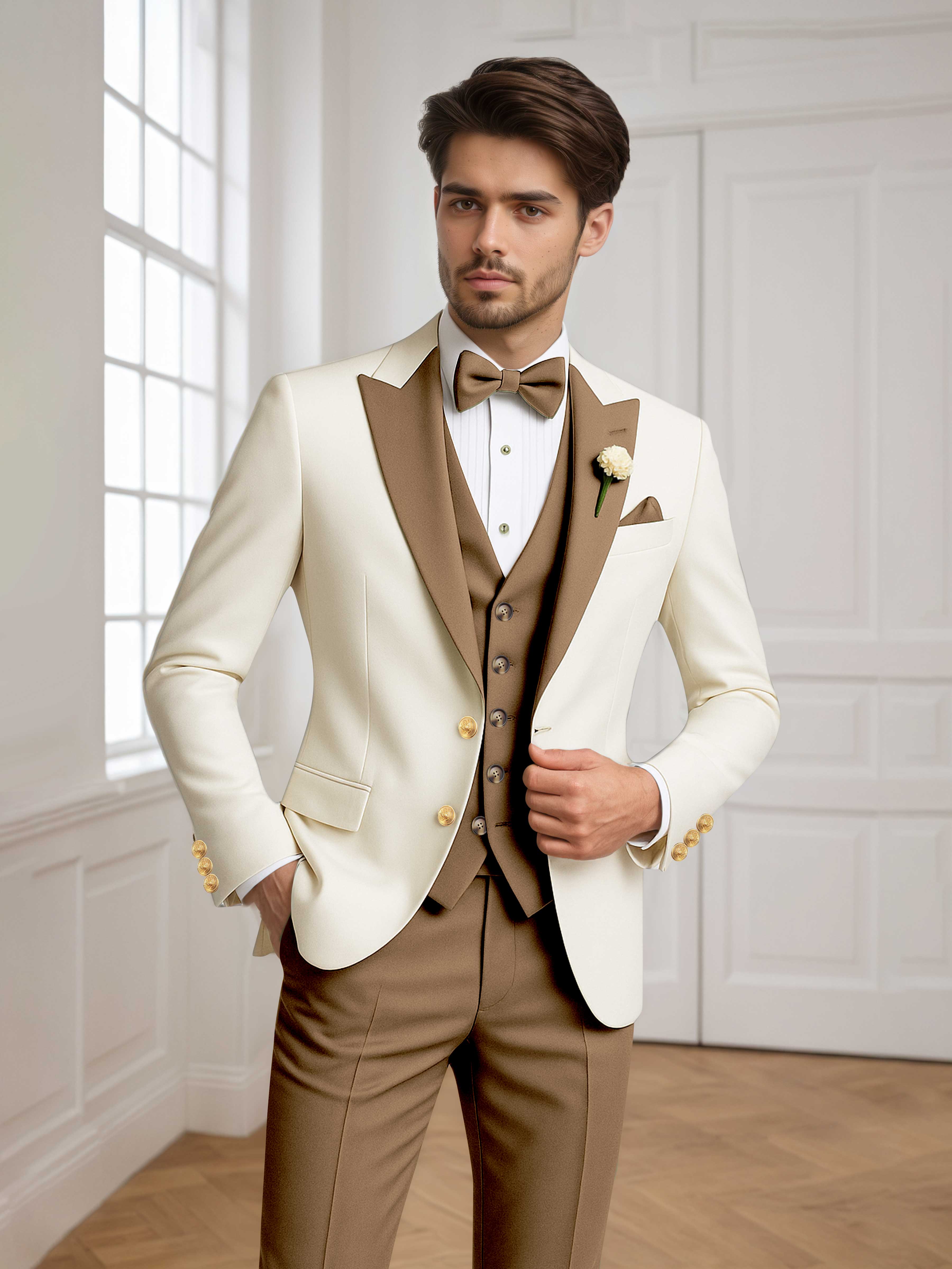 Color Block Peak Lapel Men's 3 Pieces Suit for Groom Wedding & Prom