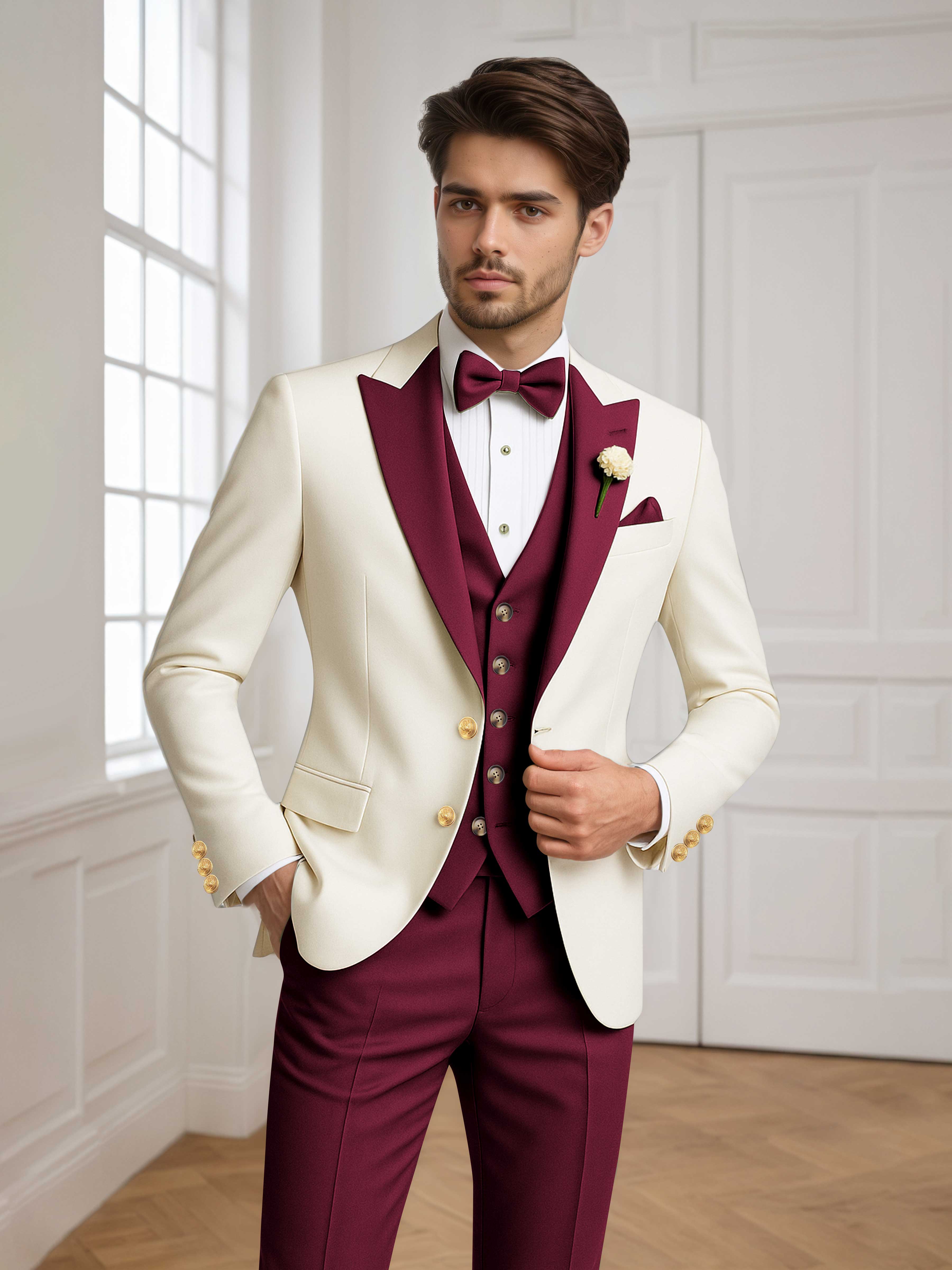 Color Block Peak Lapel Men's 3 Pieces Suit for Groom Wedding & Prom