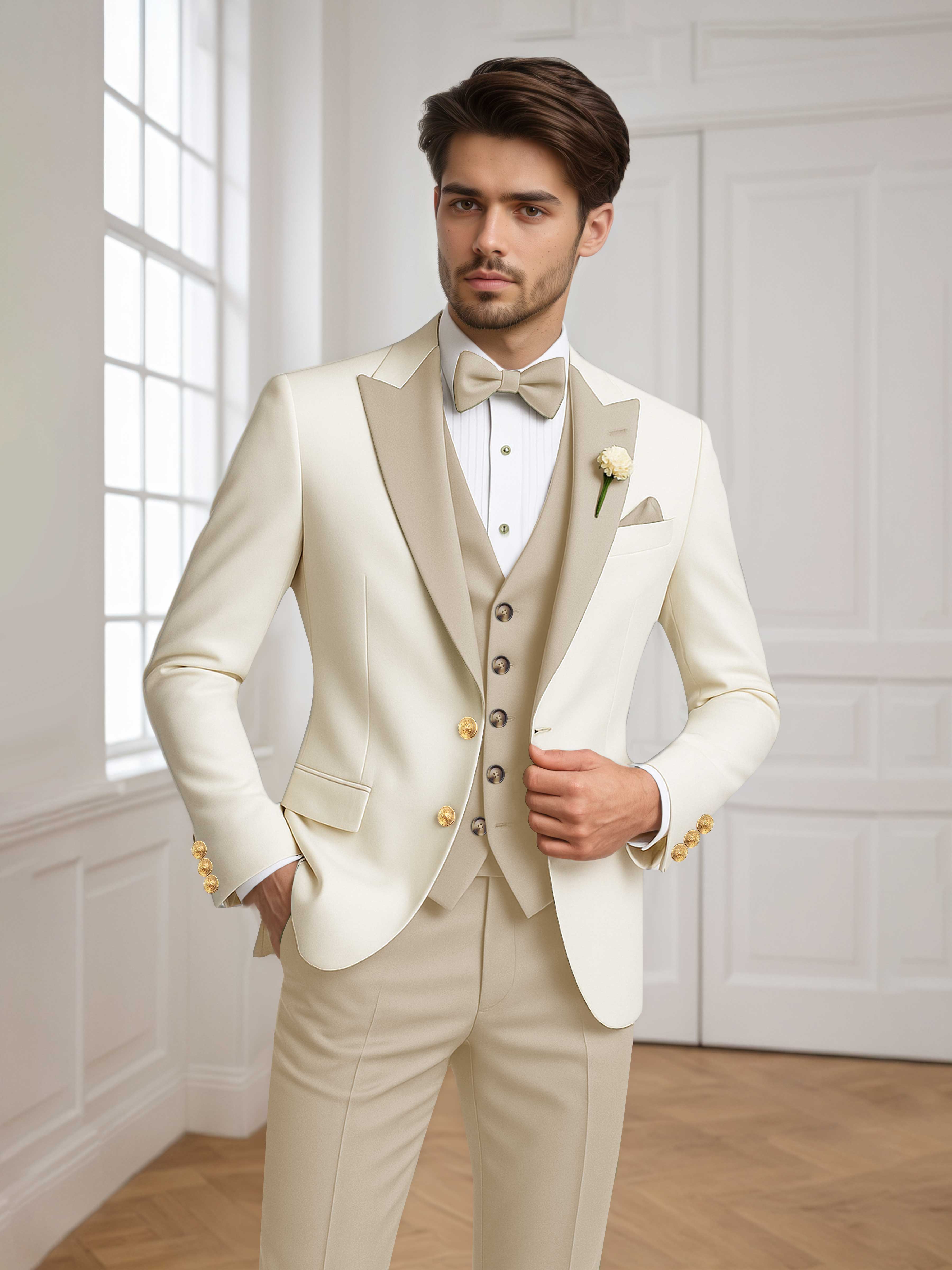 Color Block Peak Lapel Men's 3 Pieces Suit for Groom Wedding & Prom