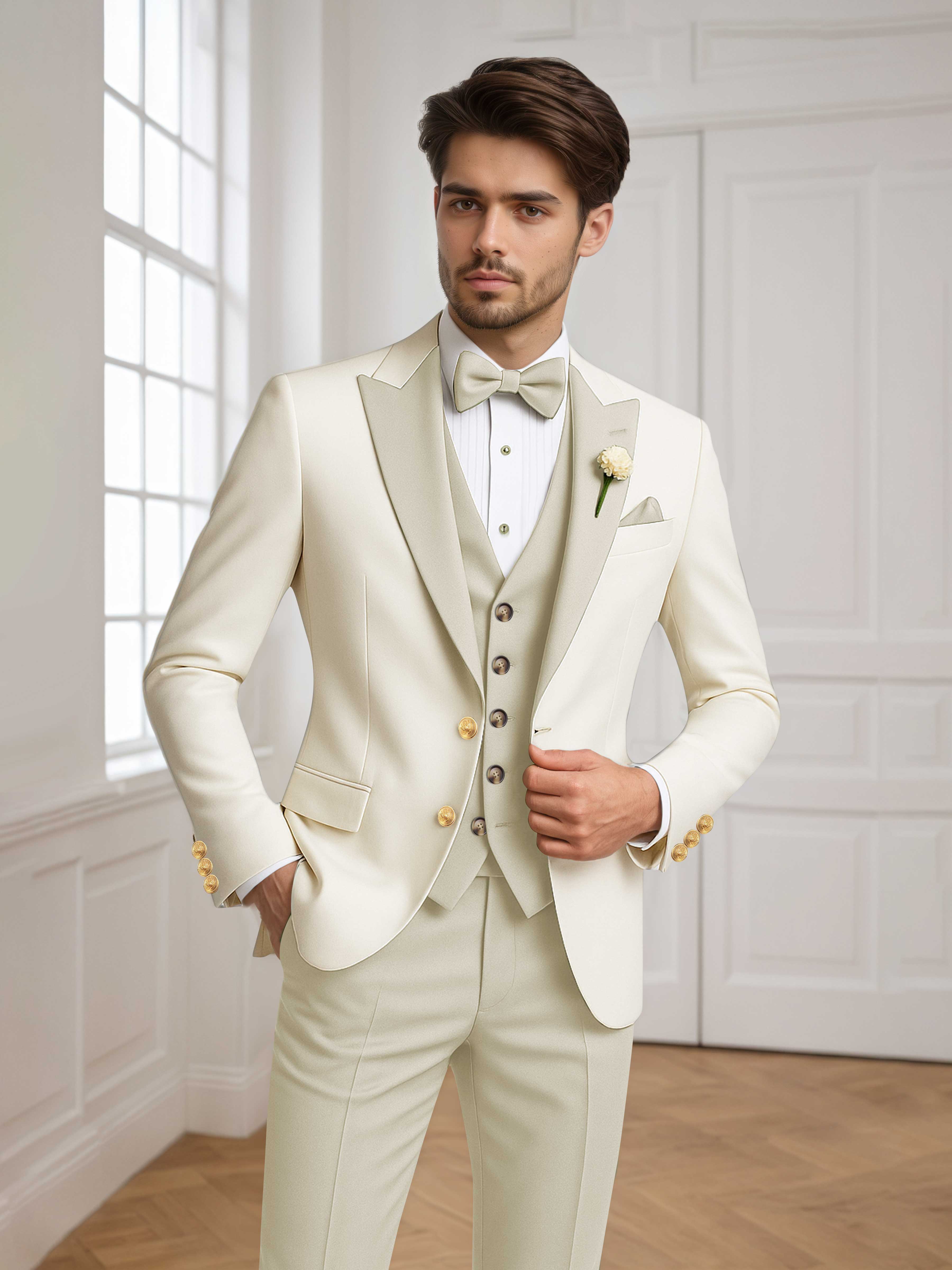 Color Block Peak Lapel Men's 3 Pieces Suit for Groom Wedding & Prom