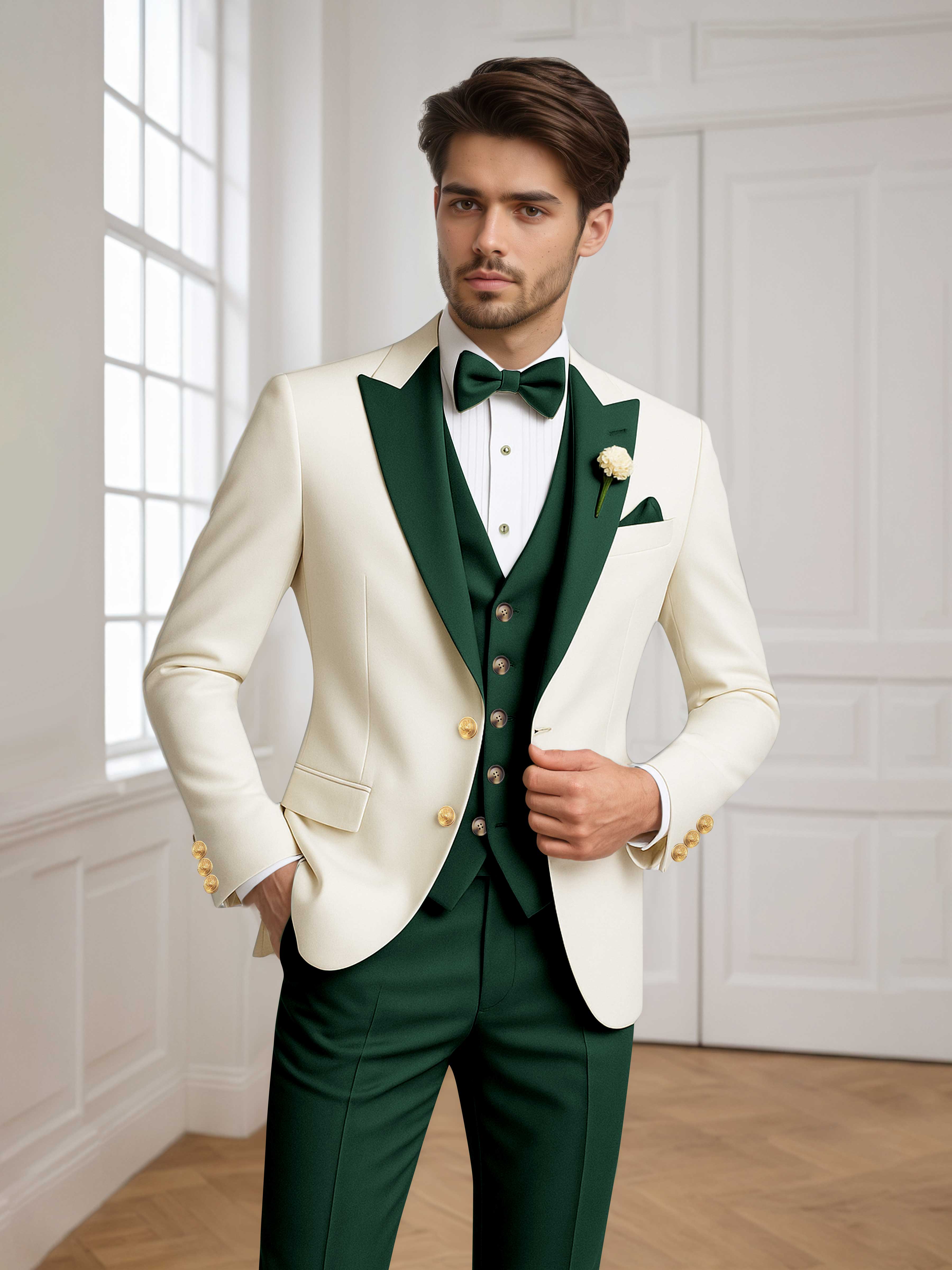Color Block Peak Lapel Men's 3 Pieces Suit for Groom Wedding & Prom