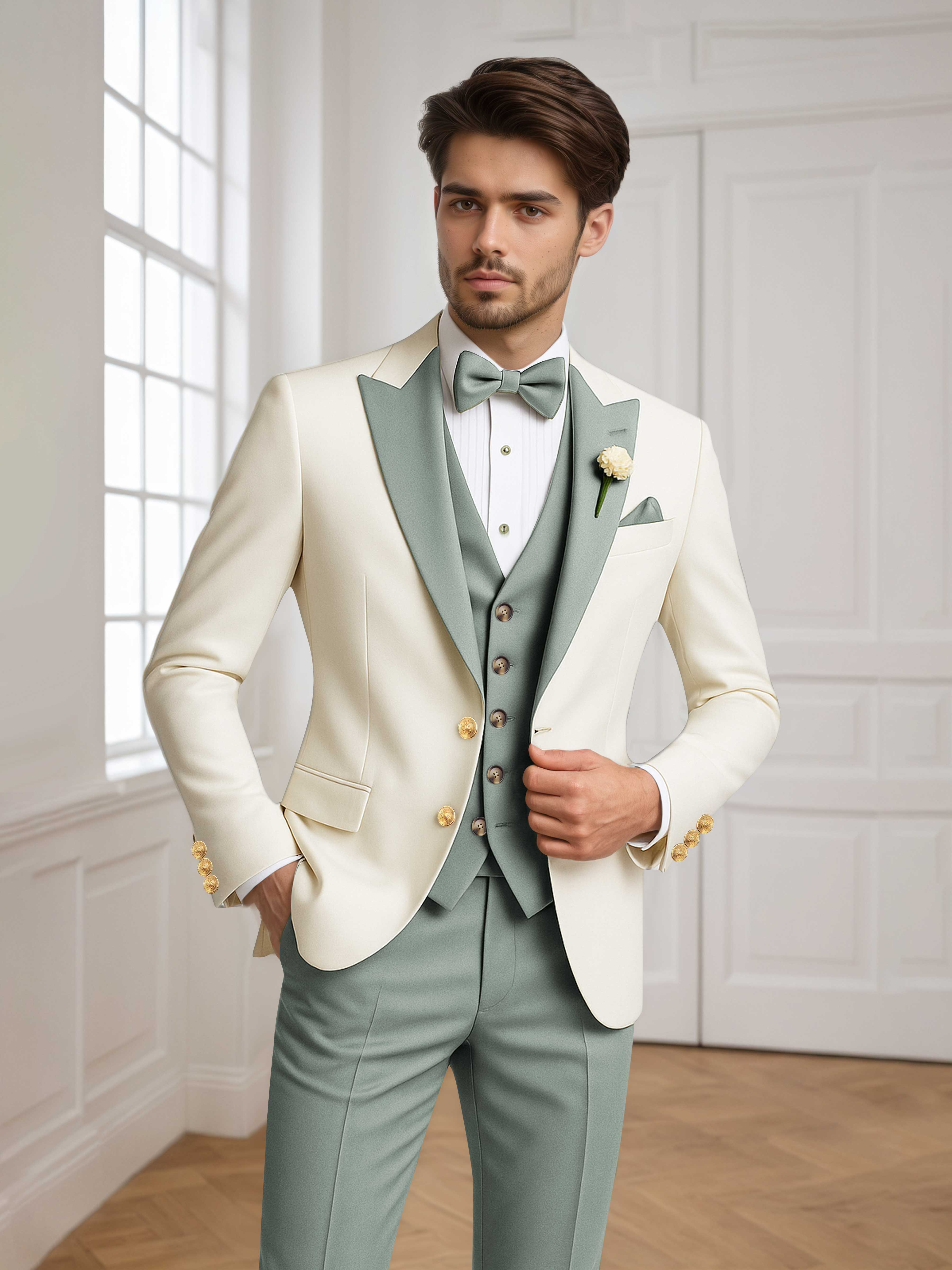 Color Block Peak Lapel Men's 3 Pieces Suit for Groom Wedding & Prom