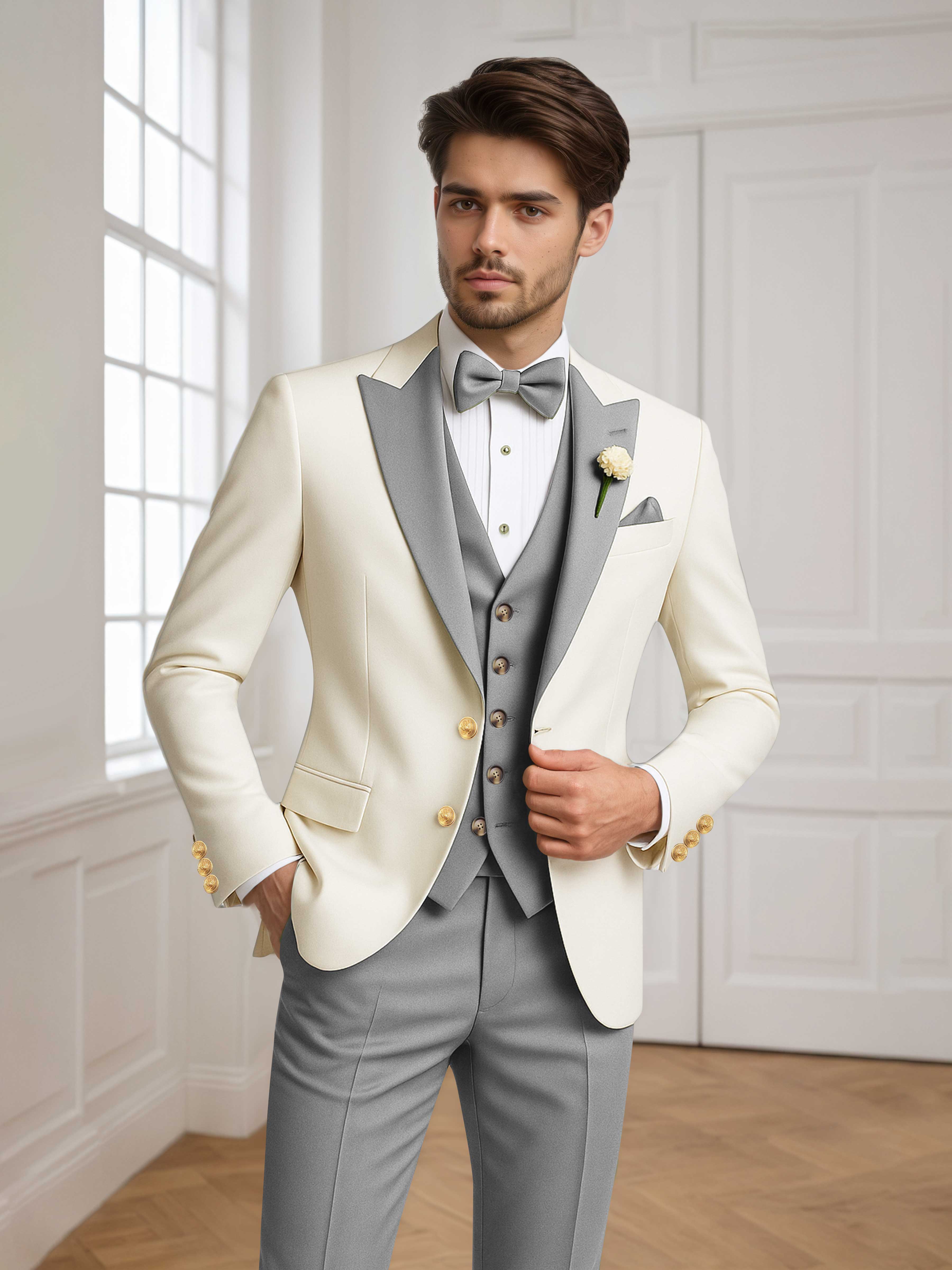 Color Block Peak Lapel Men's 3 Pieces Suit for Groom Wedding & Prom