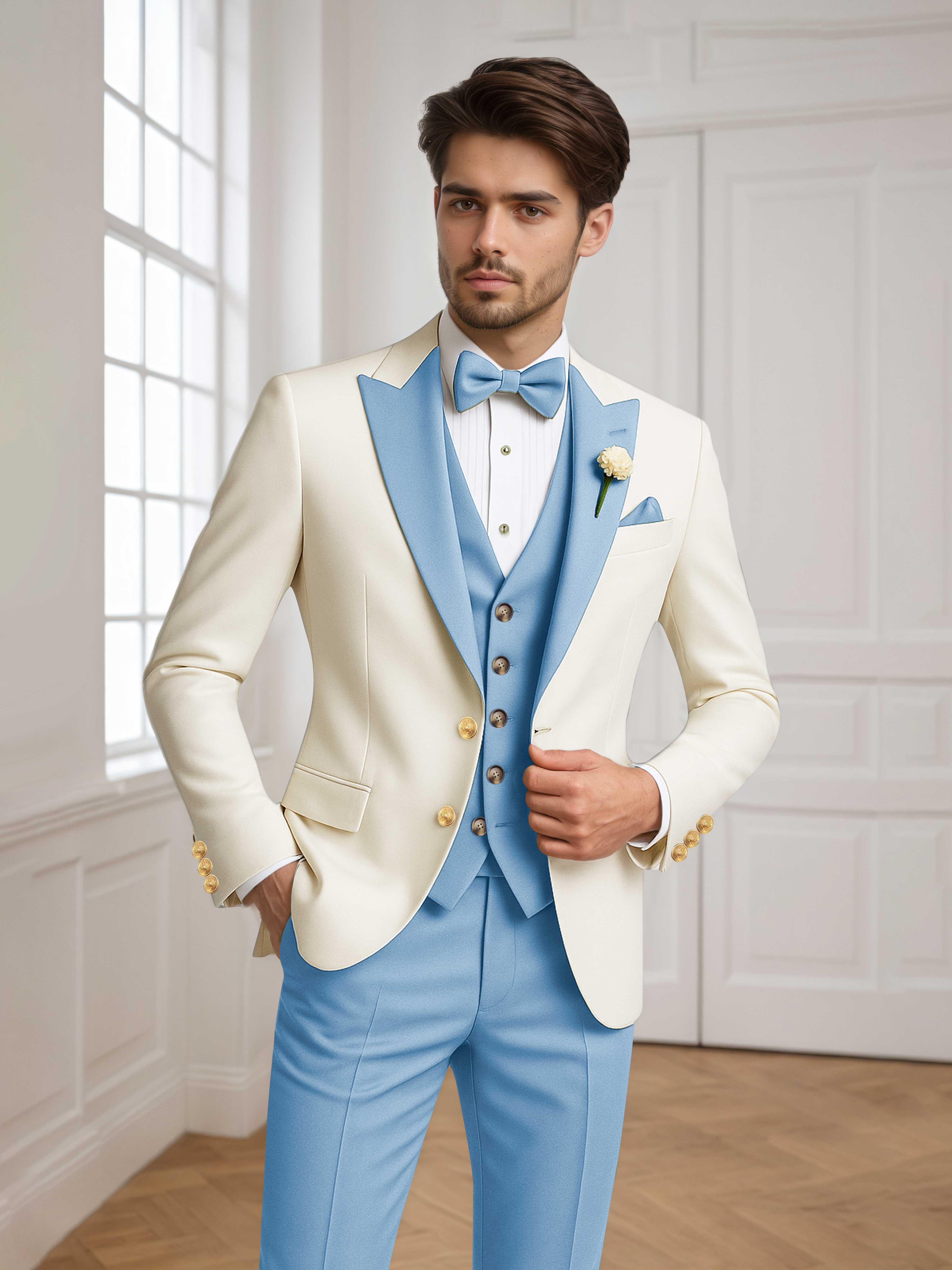 Color Block Peak Lapel Men's 3 Pieces Suit for Groom Wedding & Prom