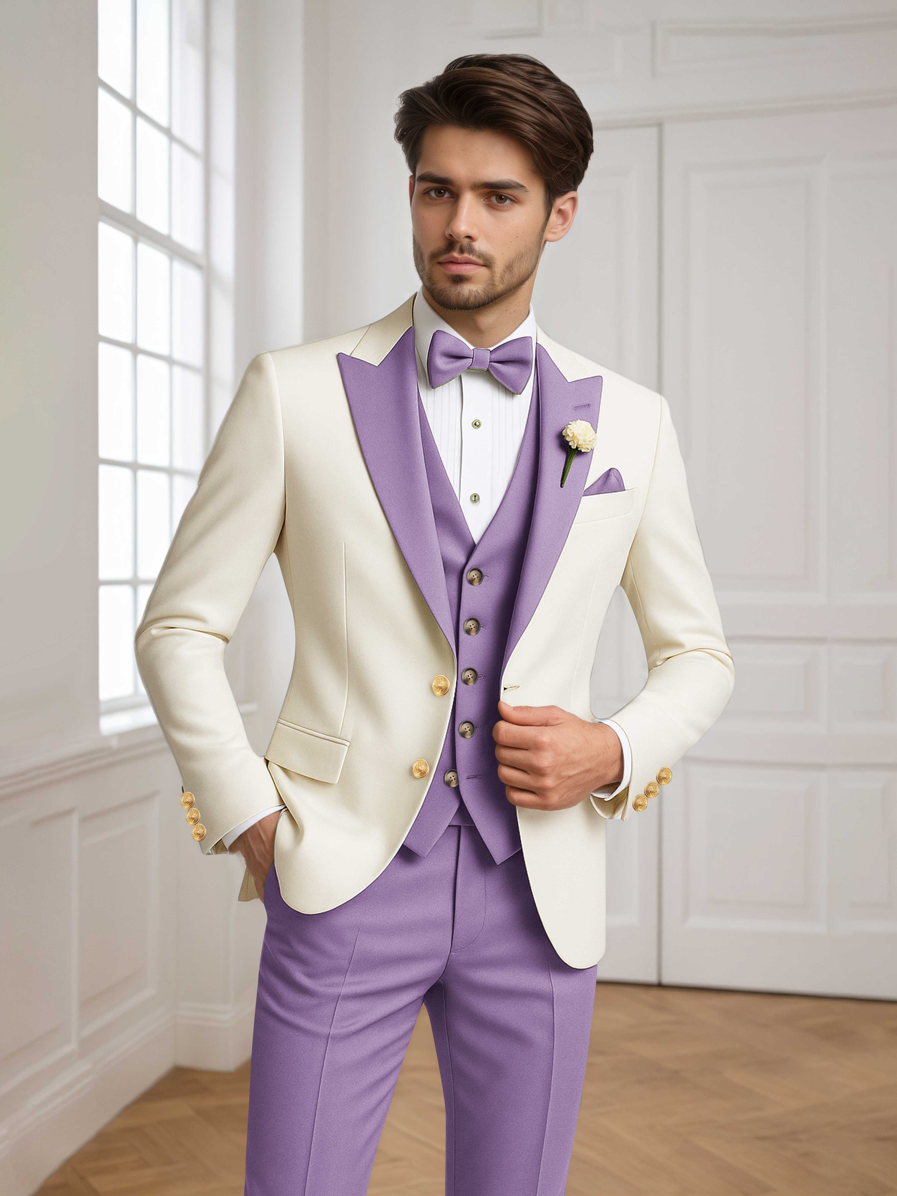 Color Block Peak Lapel Men's 3 Pieces Suit for Groom Wedding & Prom