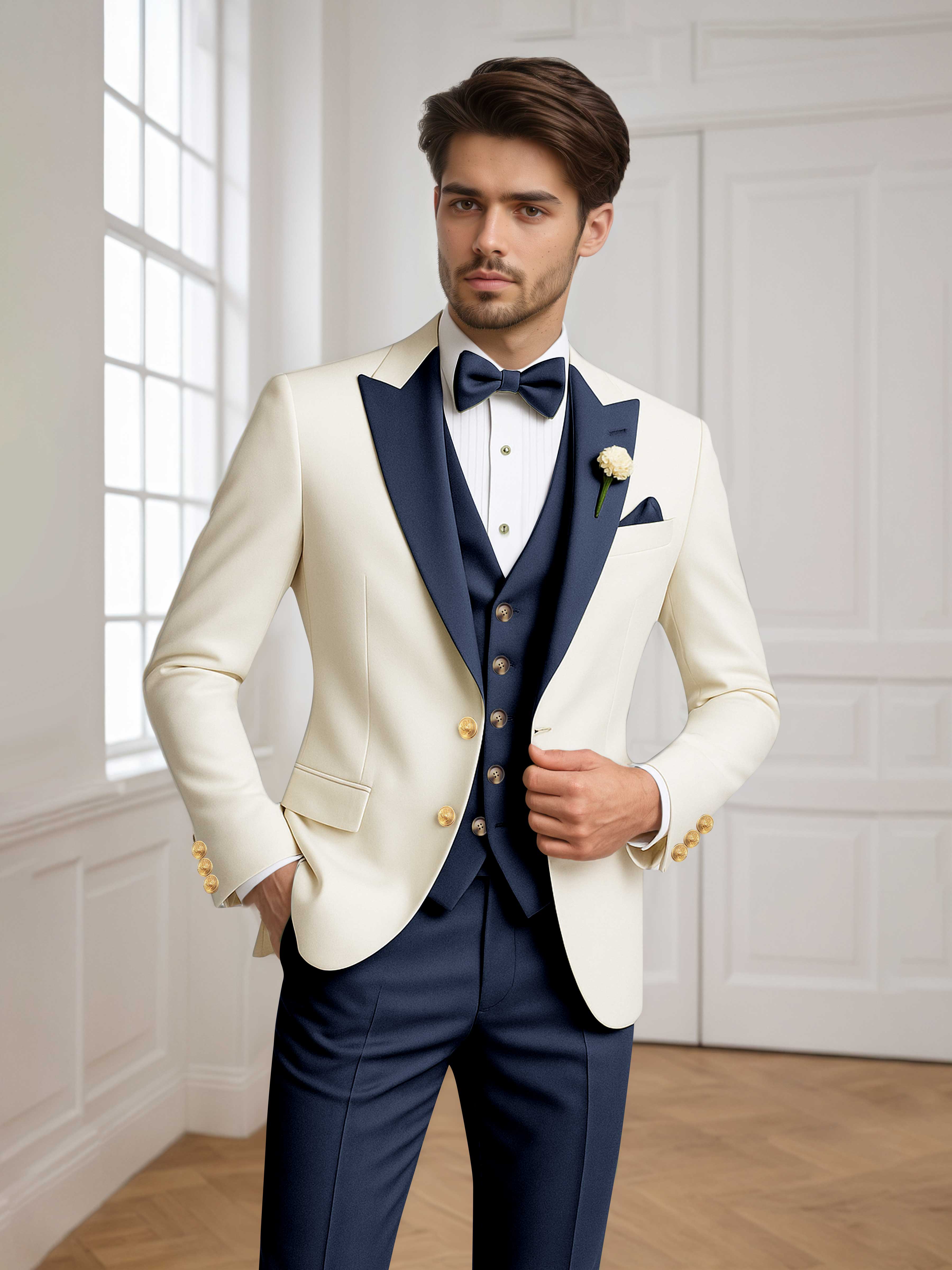 Color Block Peak Lapel Men's 3 Pieces Suit for Groom Wedding & Prom