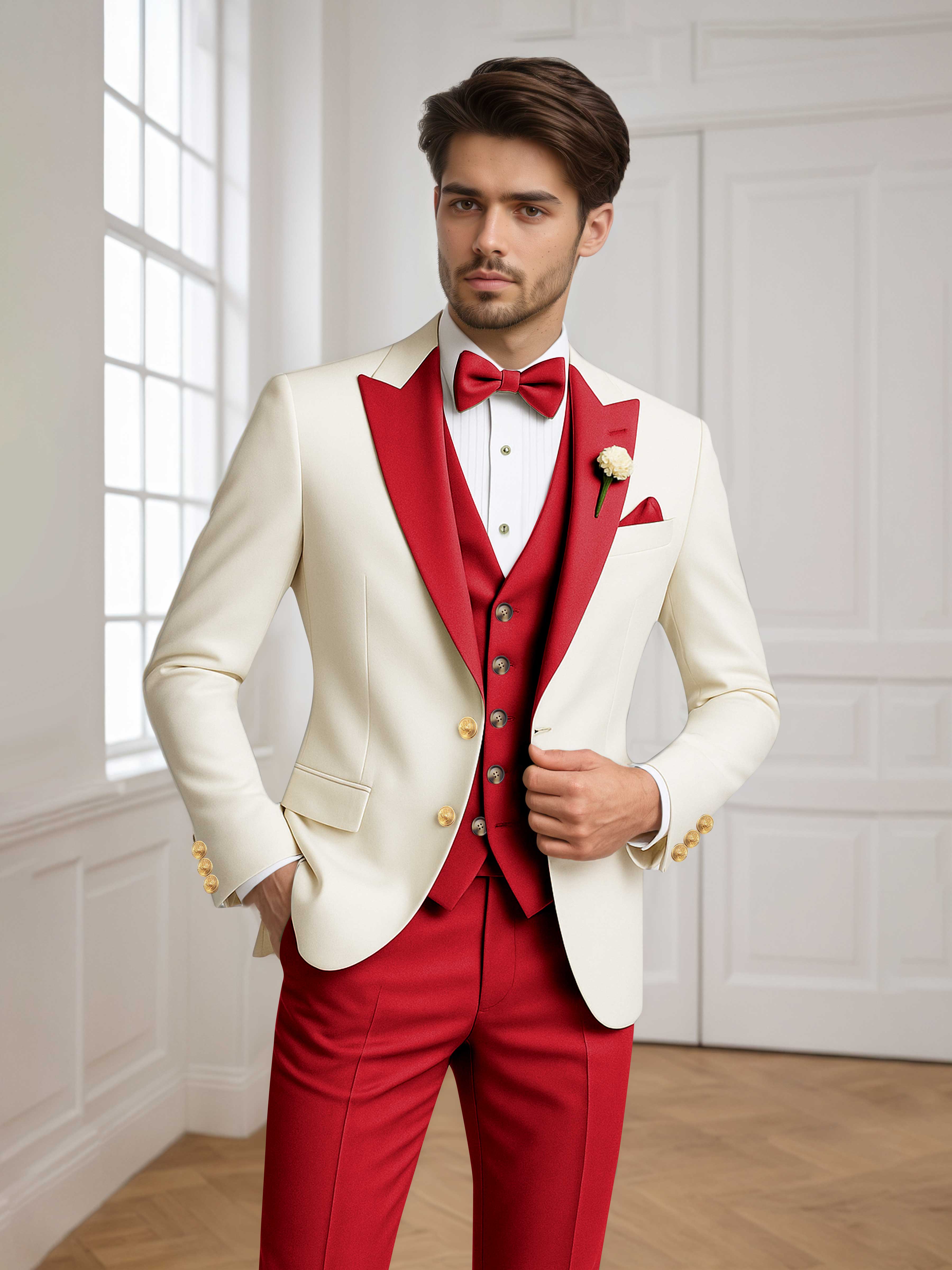 Color Block Peak Lapel Men's 3 Pieces Suit for Groom Wedding & Prom