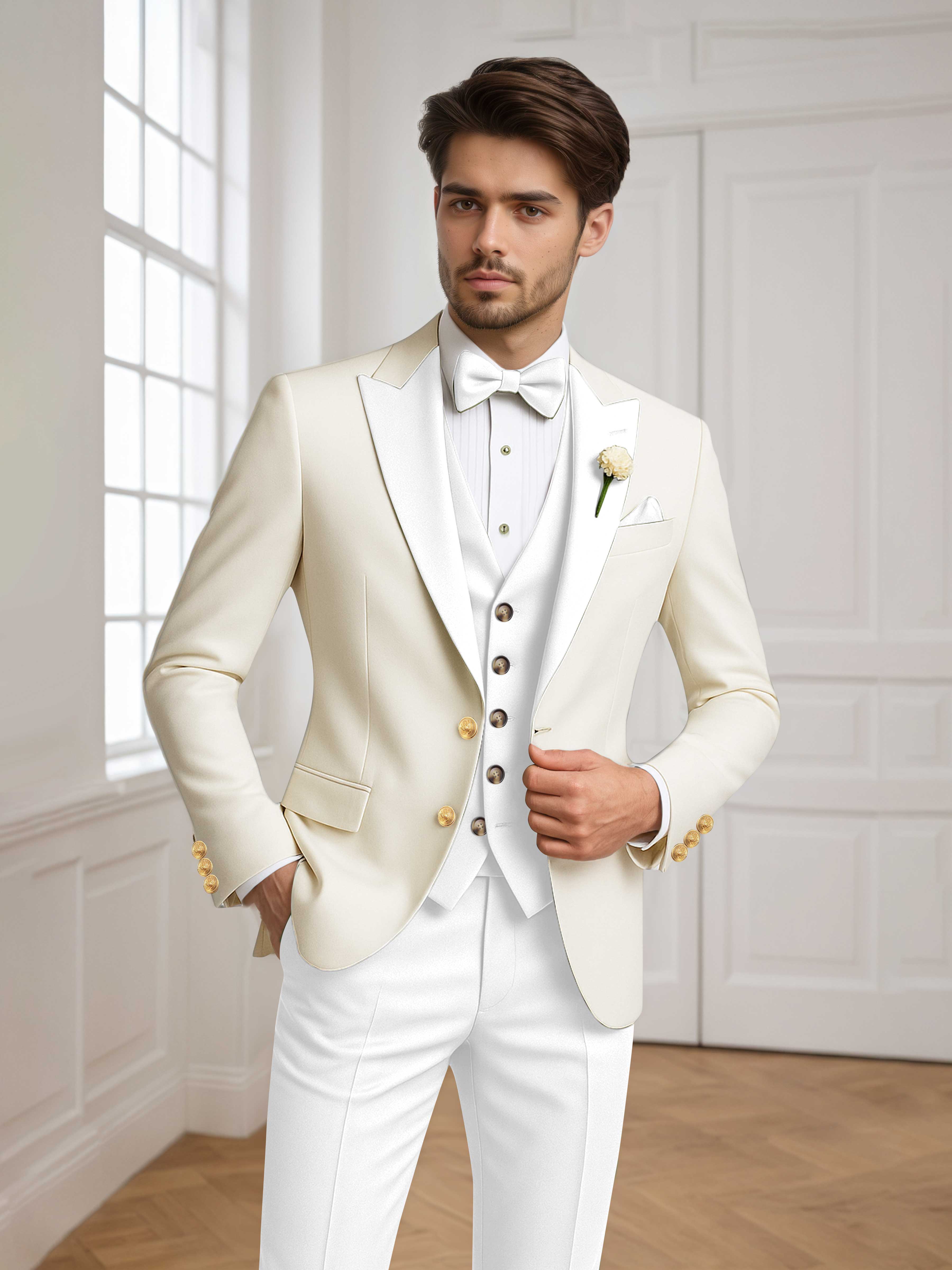 Color Block Peak Lapel Men's 3 Pieces Suit for Groom Wedding & Prom