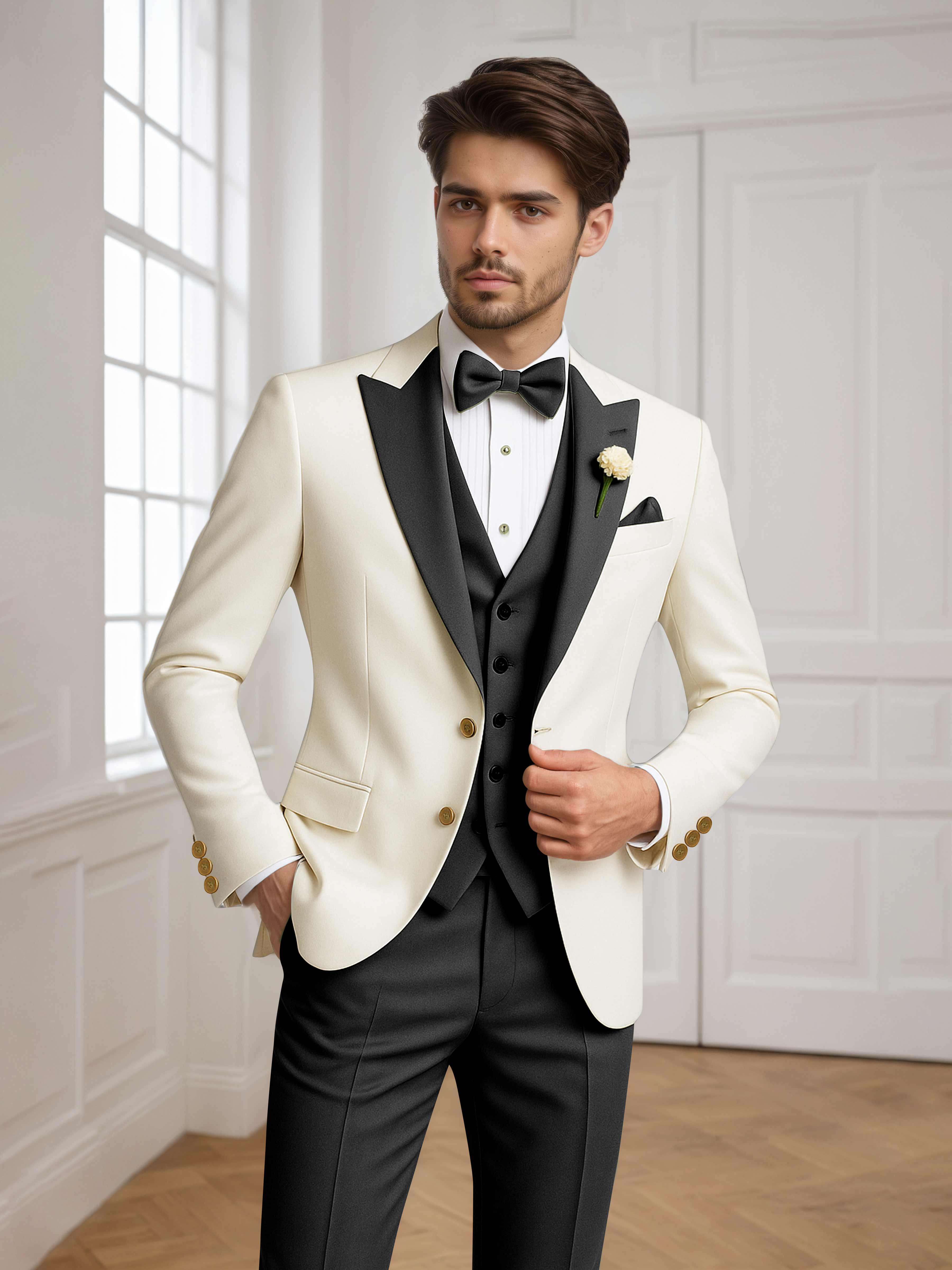 Color Block Peak Lapel Men's 3 Pieces Suit for Groom Wedding & Prom