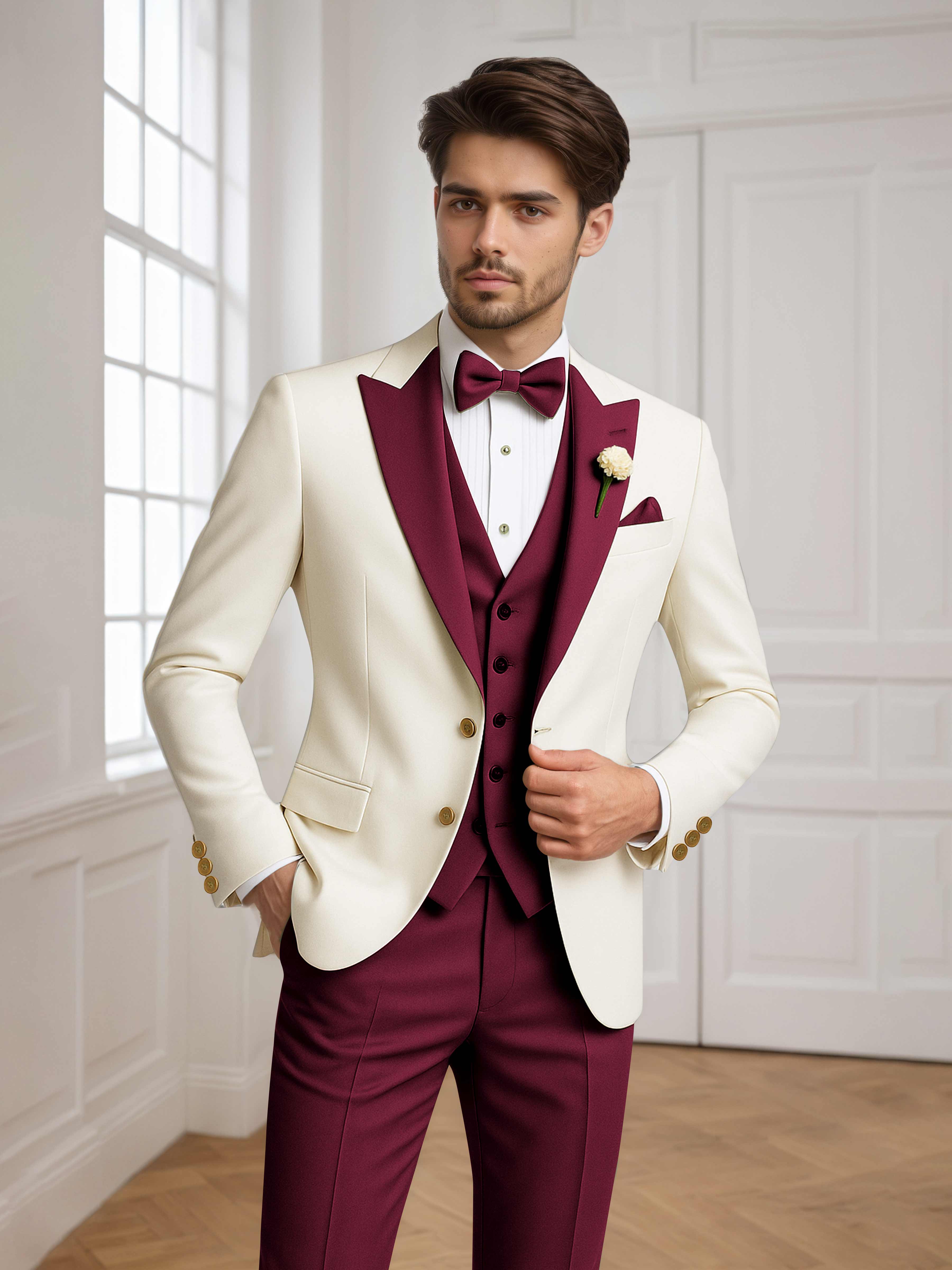 Color Block Peak Lapel Men's 3 Pieces Suit for Groom Wedding & Prom