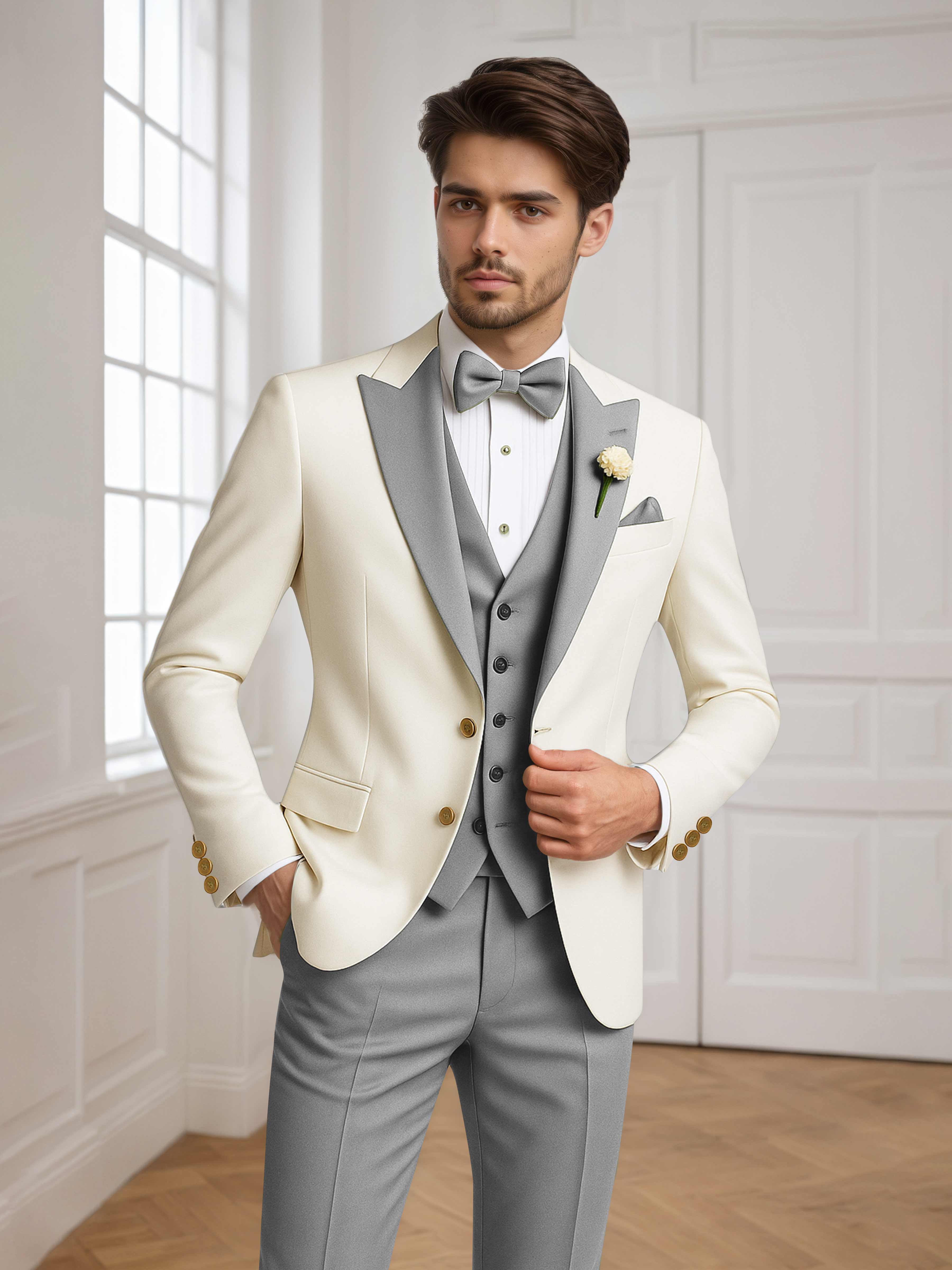Color Block Peak Lapel Men's 3 Pieces Suit for Groom Wedding & Prom