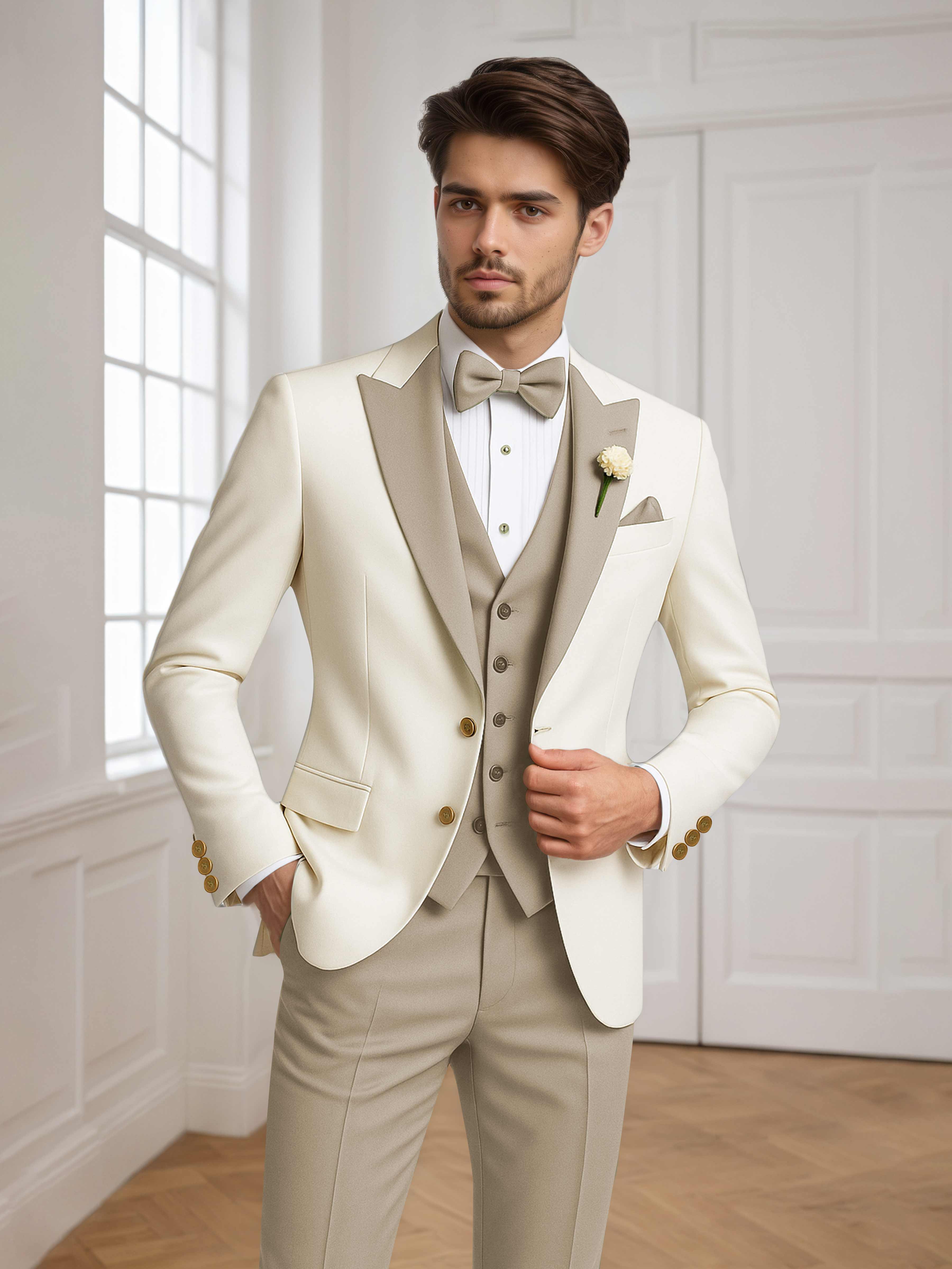 Color Block Peak Lapel Men's 3 Pieces Suit for Groom Wedding & Prom