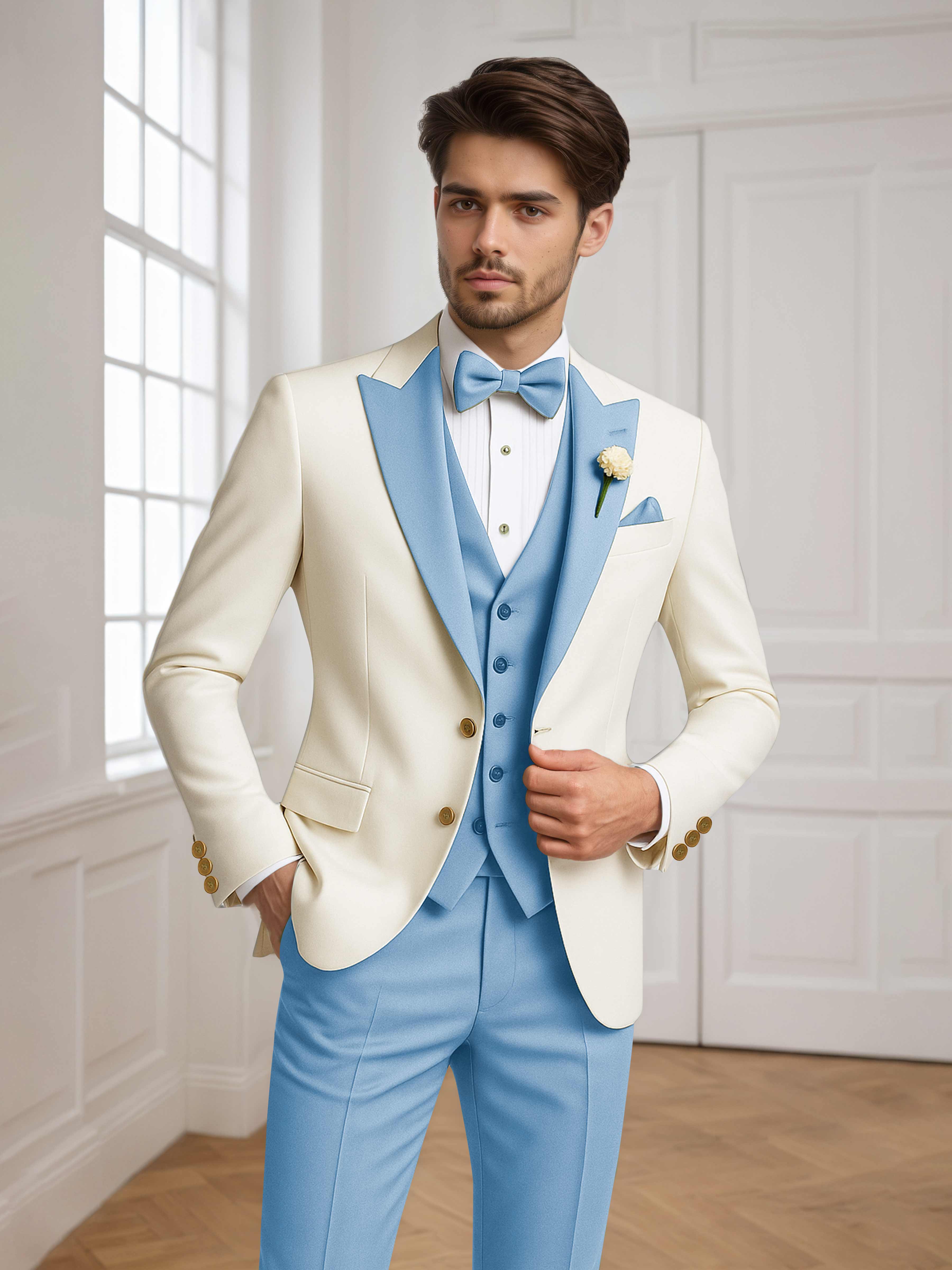 Color Block Peak Lapel Men's 3 Pieces Suit for Groom Wedding & Prom