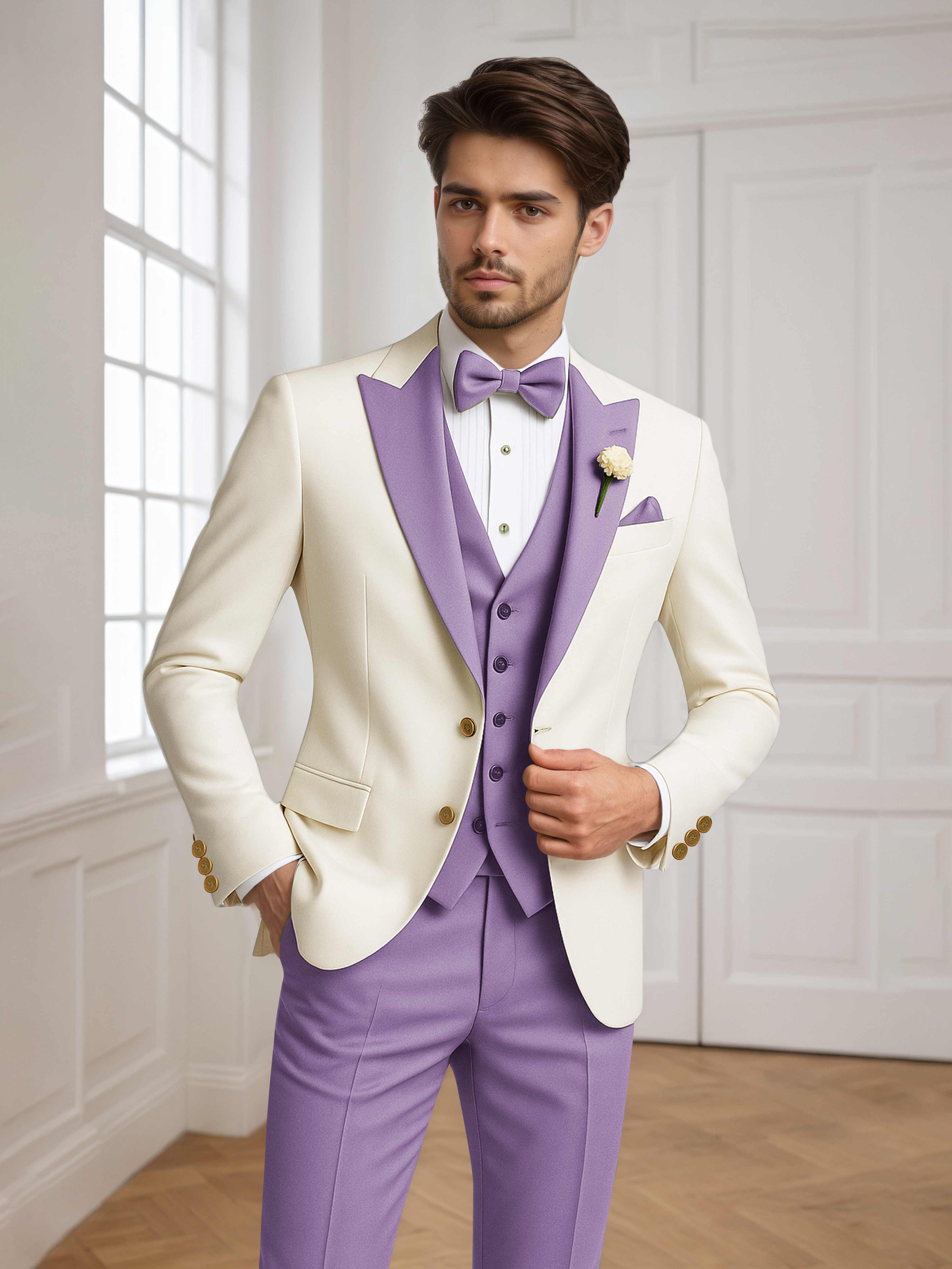 Color Block Peak Lapel Men's 3 Pieces Suit for Groom Wedding & Prom