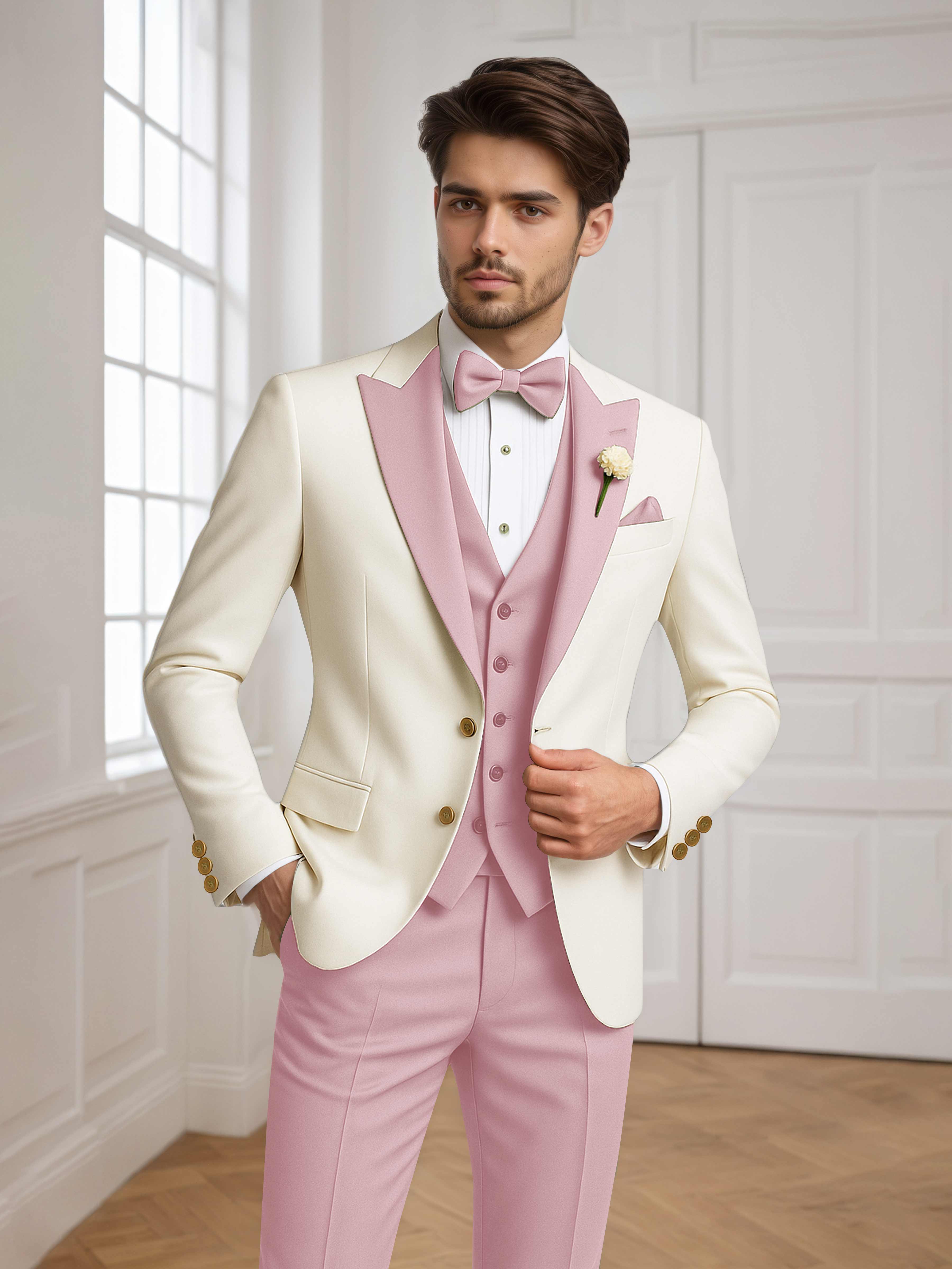 Color Block Peak Lapel Men's 3 Pieces Suit for Groom Wedding & Prom