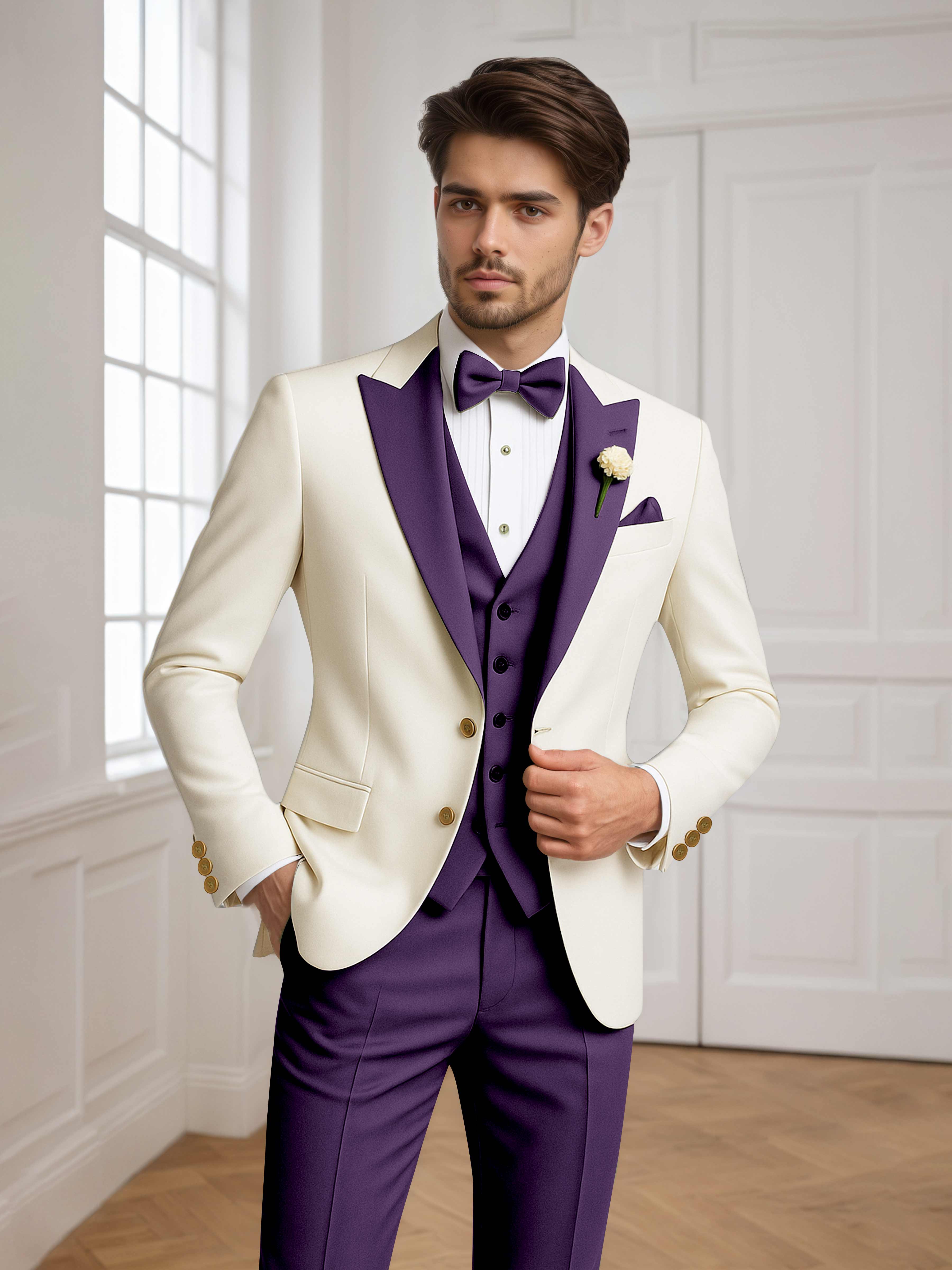Color Block Peak Lapel Men's 3 Pieces Suit for Groom Wedding & Prom