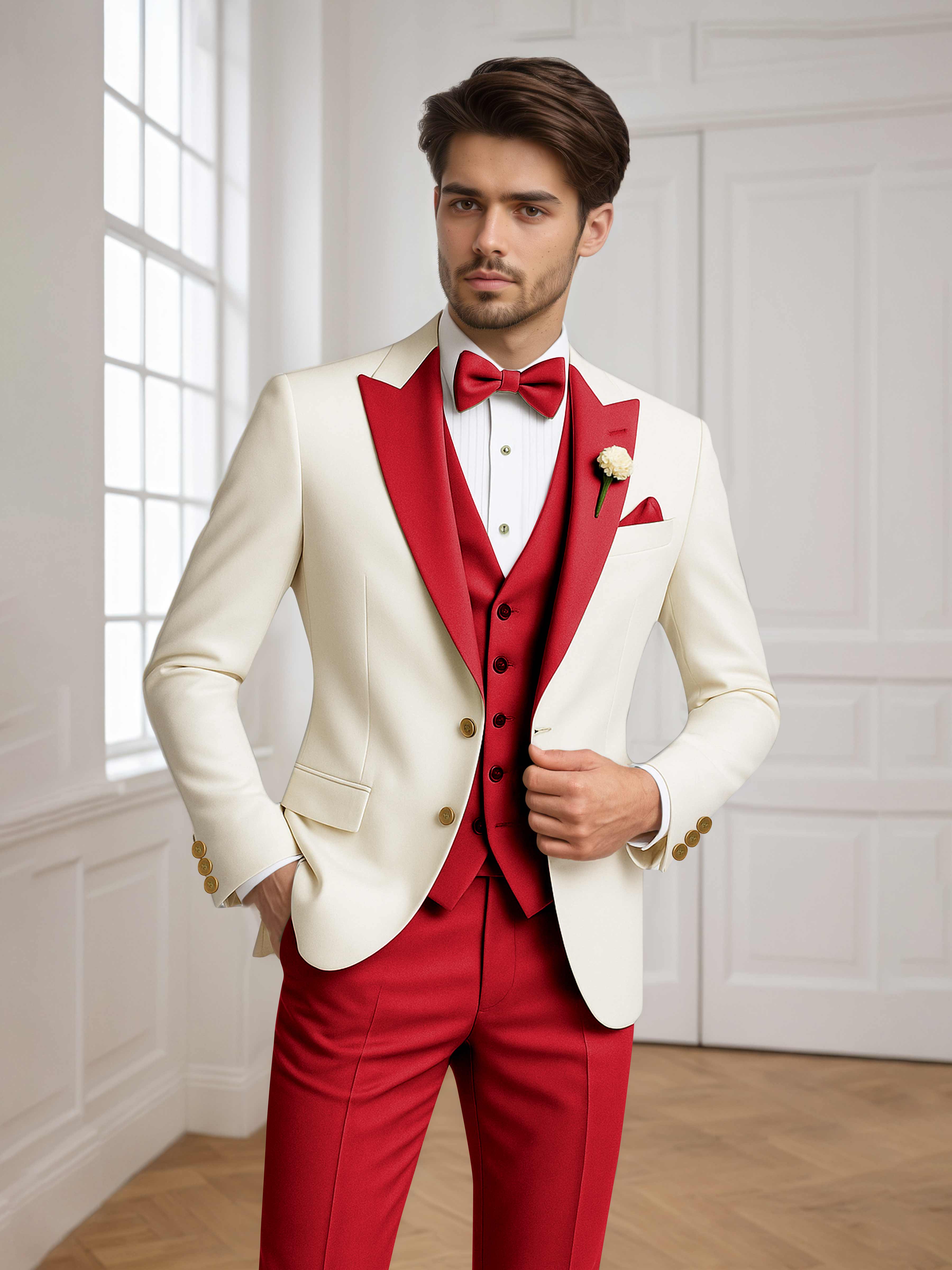 Color Block Peak Lapel Men's 3 Pieces Suit for Groom Wedding & Prom