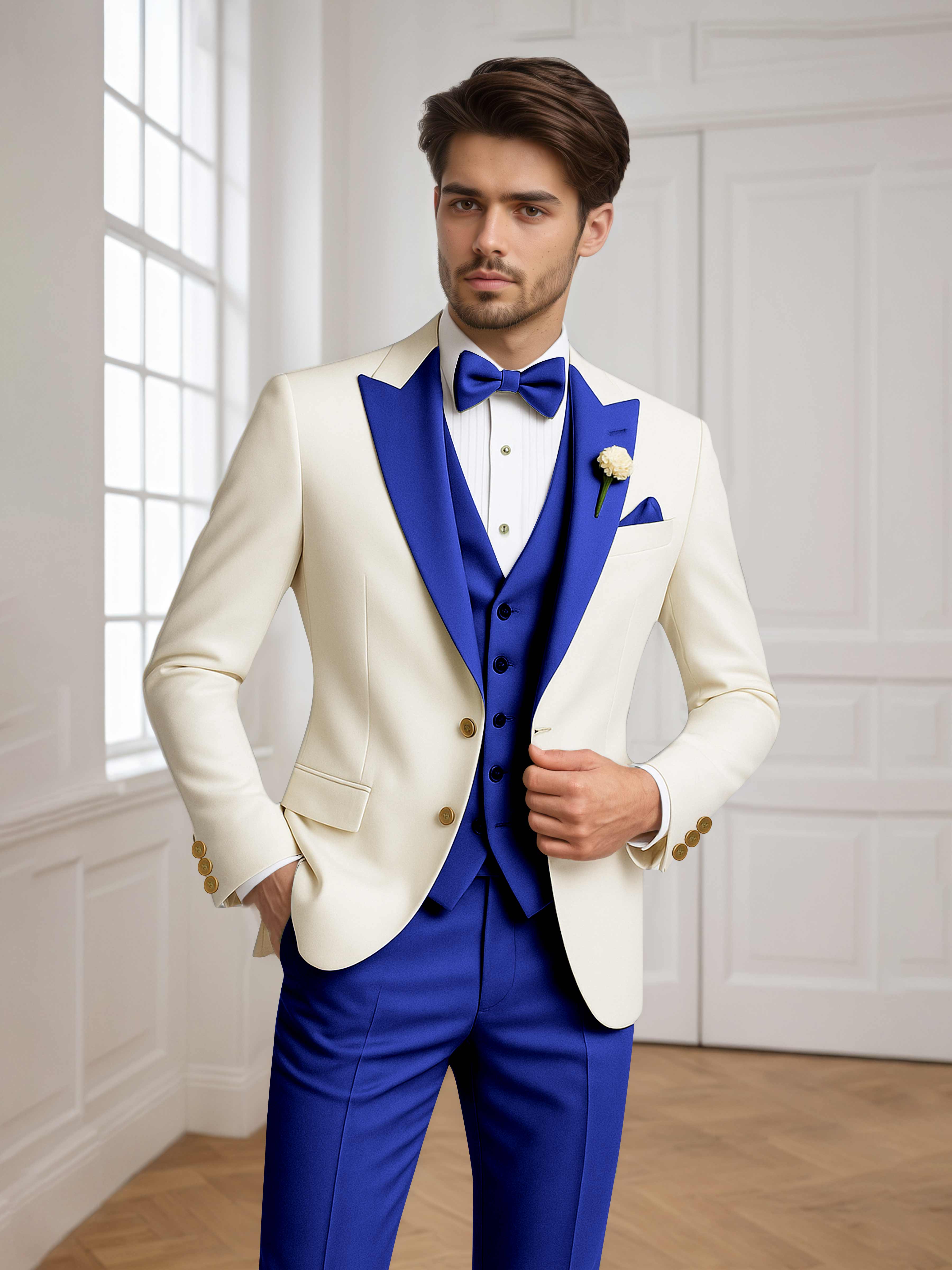 Color Block Peak Lapel Men's 3 Pieces Suit for Groom Wedding & Prom