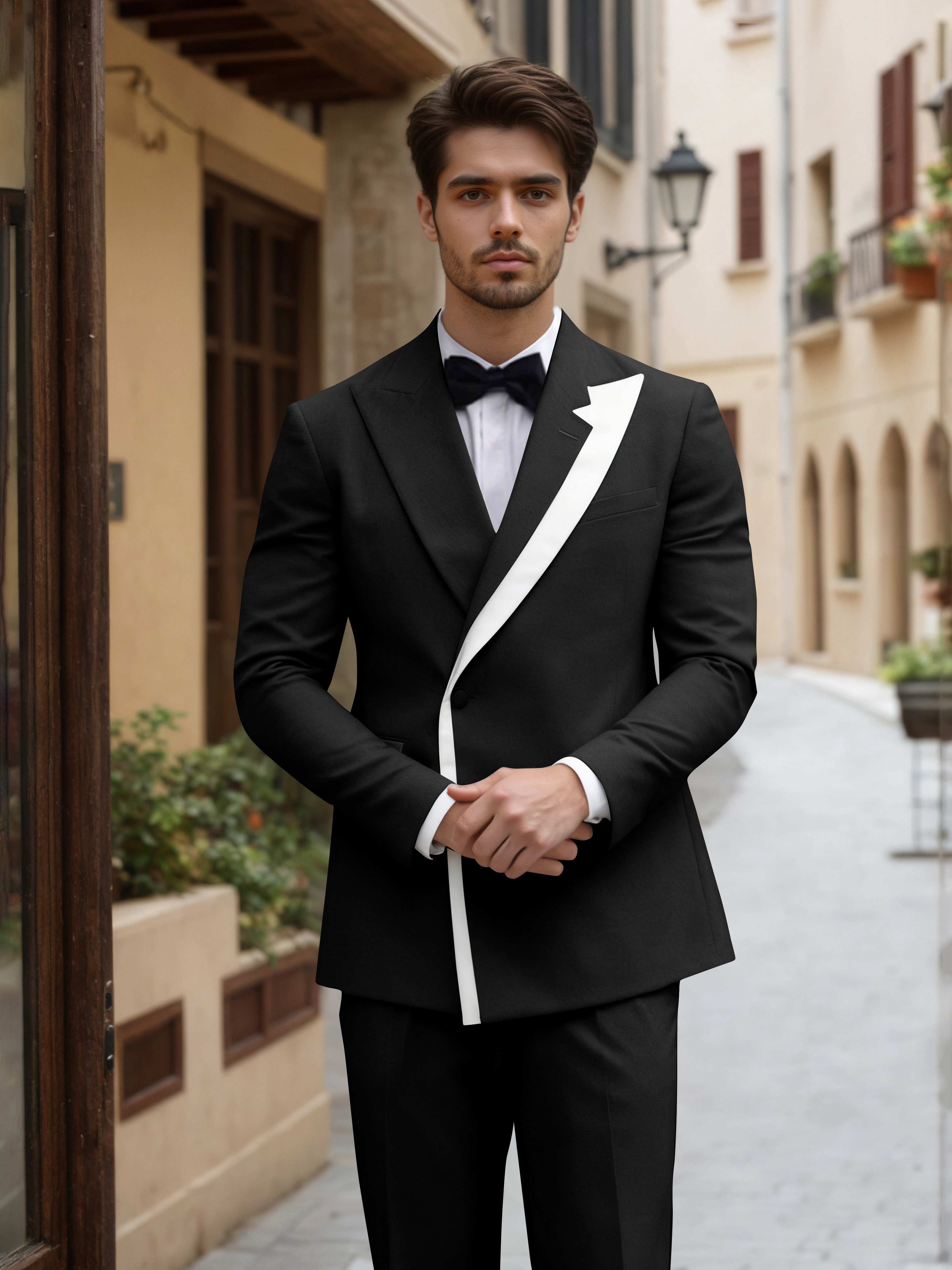 Contemporary Color Block Men's 2 Pieces Peak Lapel Suit for Groom Events