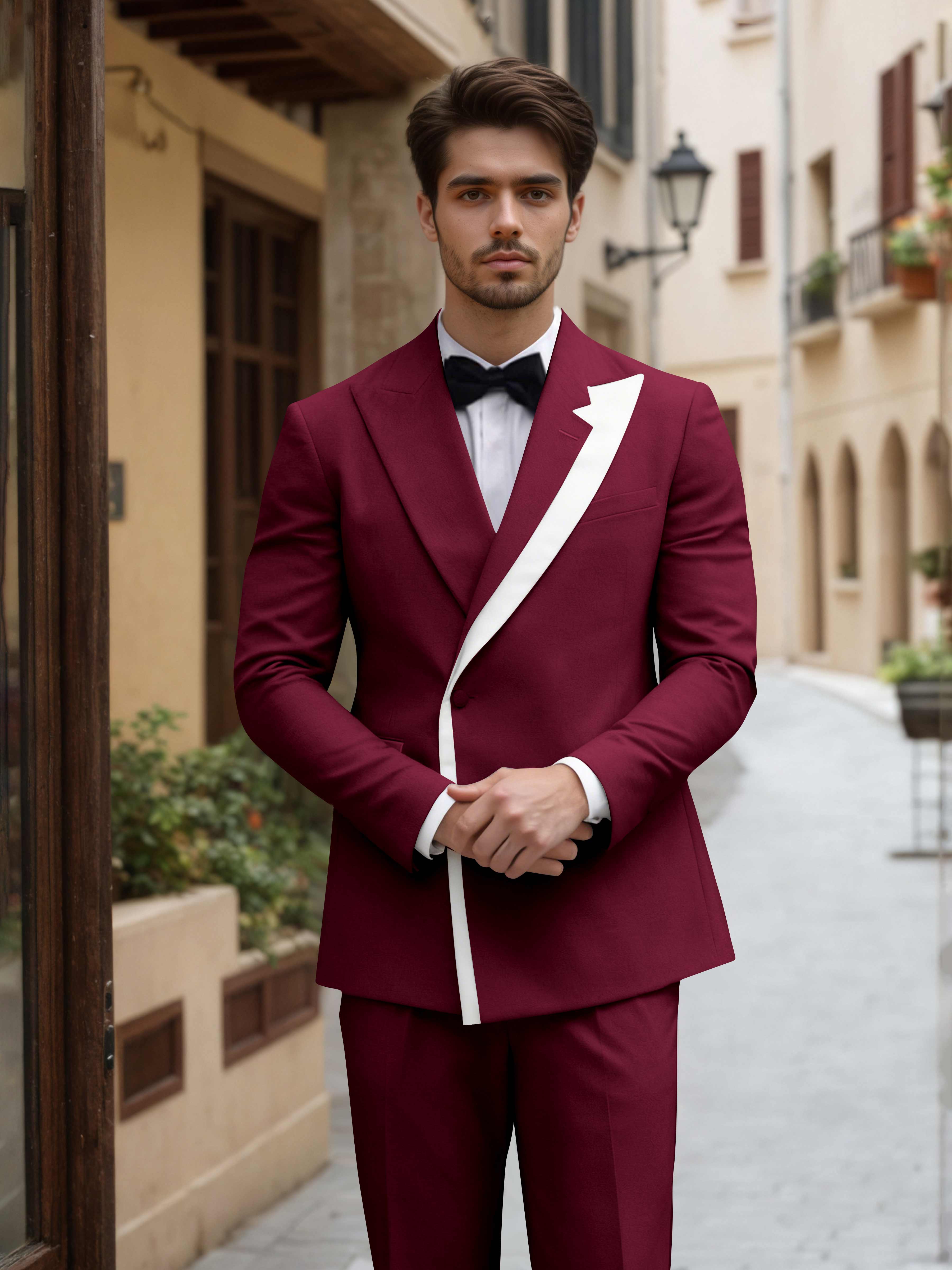 Contemporary Color Block Men's 2 Pieces Peak Lapel Suit for Groom Events