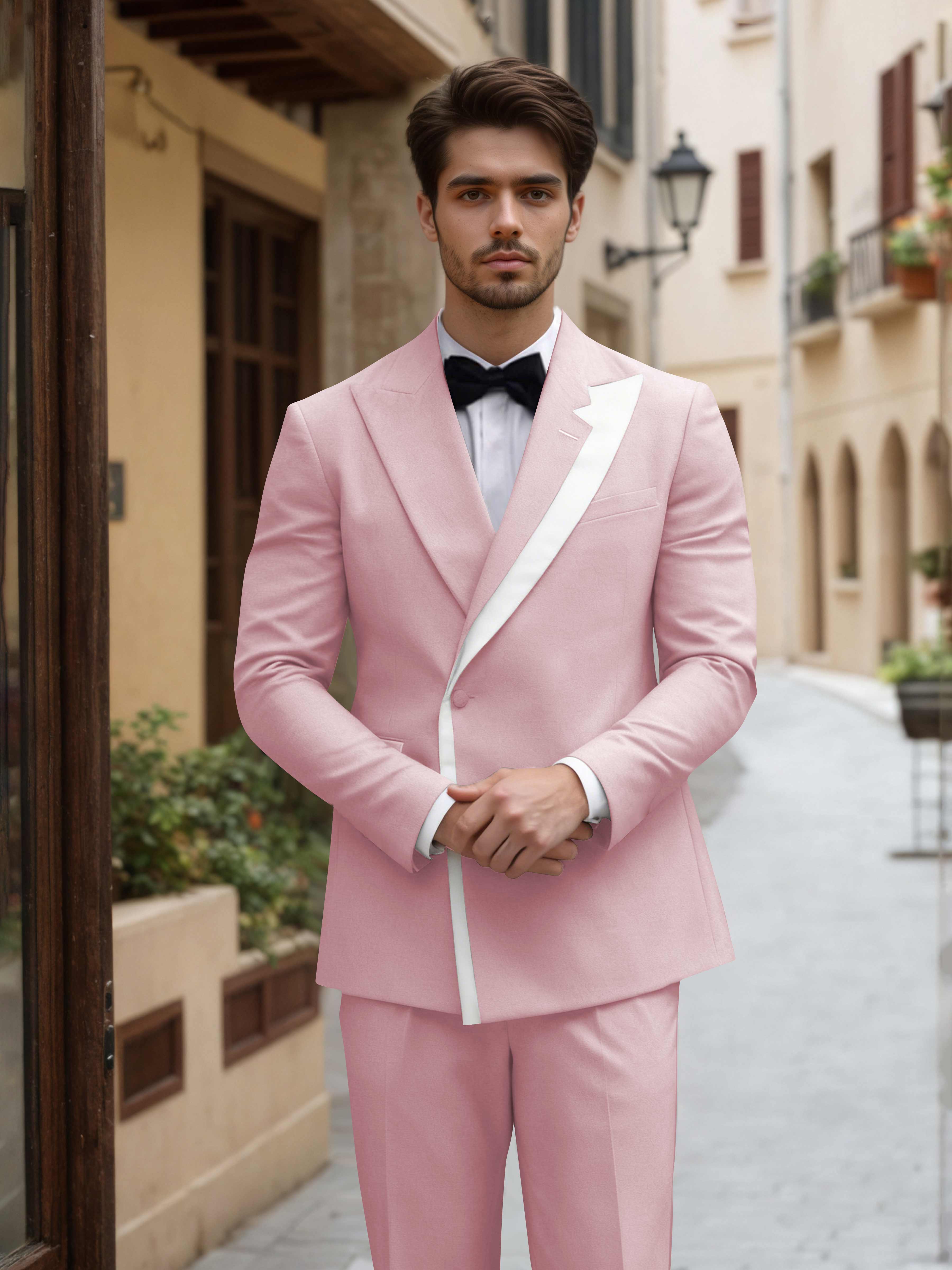 Contemporary Color Block Men's 2 Pieces Peak Lapel Suit for Groom Events