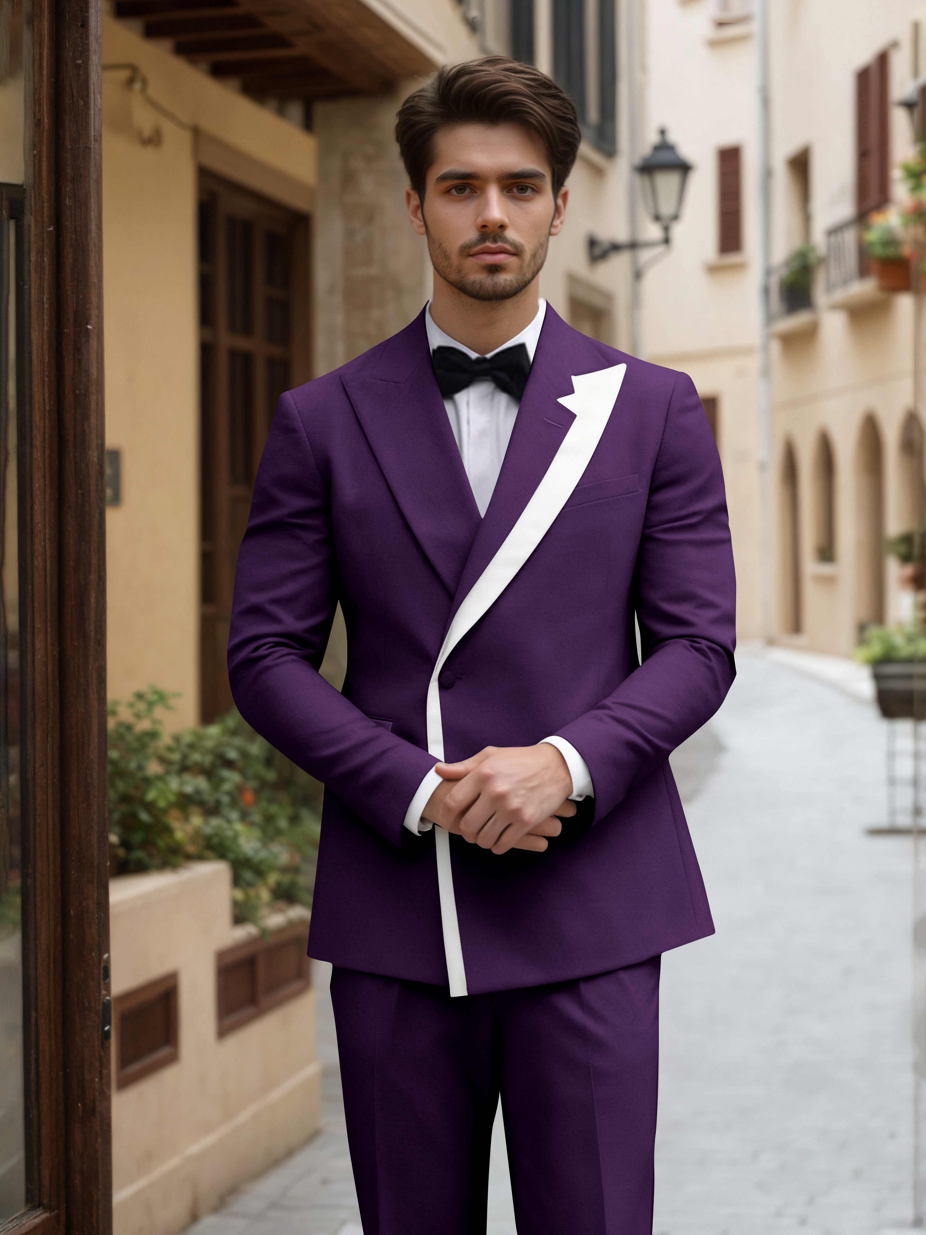 Contemporary Color Block Men's 2 Pieces Peak Lapel Suit for Groom Events