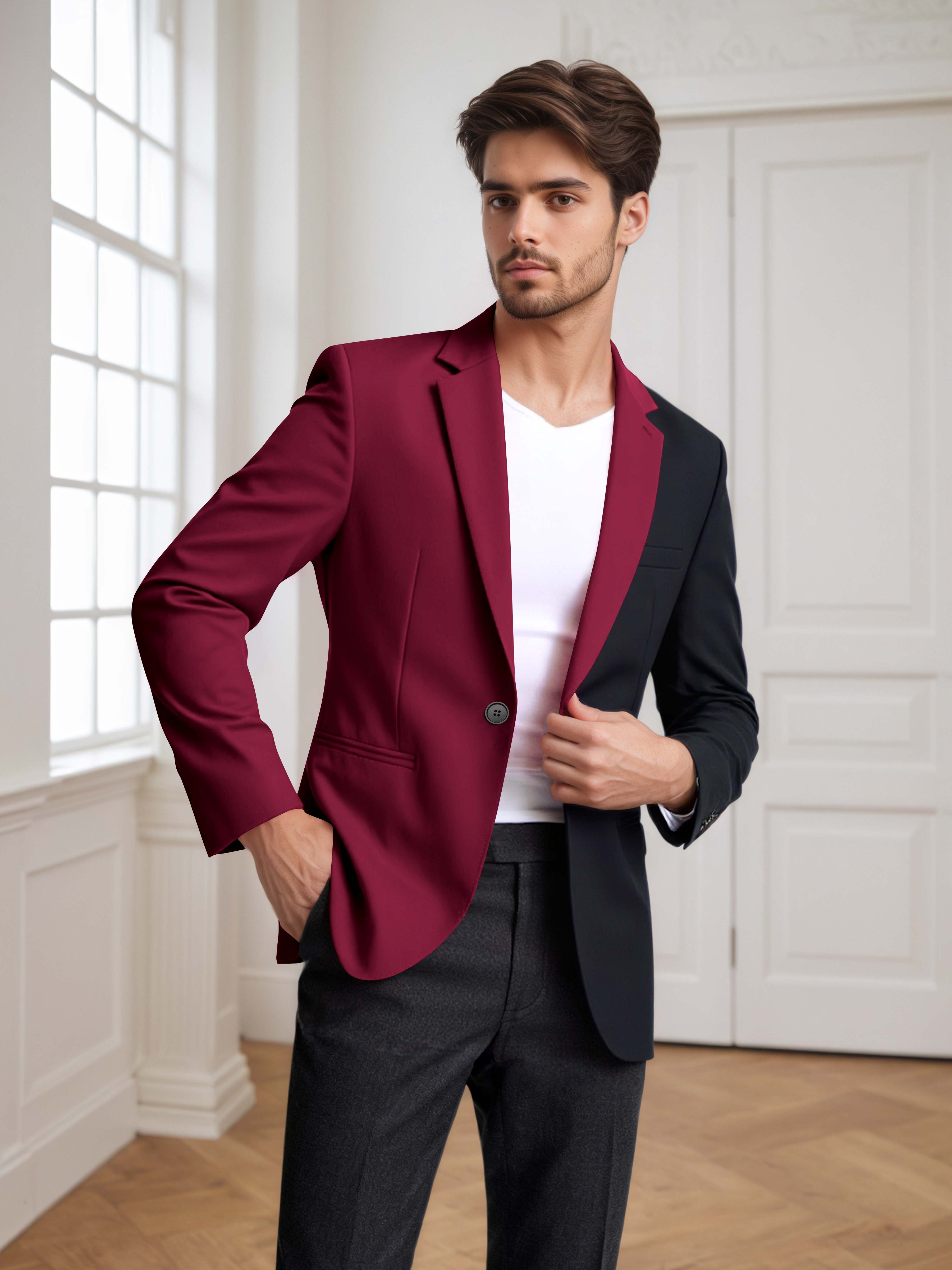 Contrast Panel Notch Lapel Men's 2 Pieces Suit for Casual Prom & Wedding