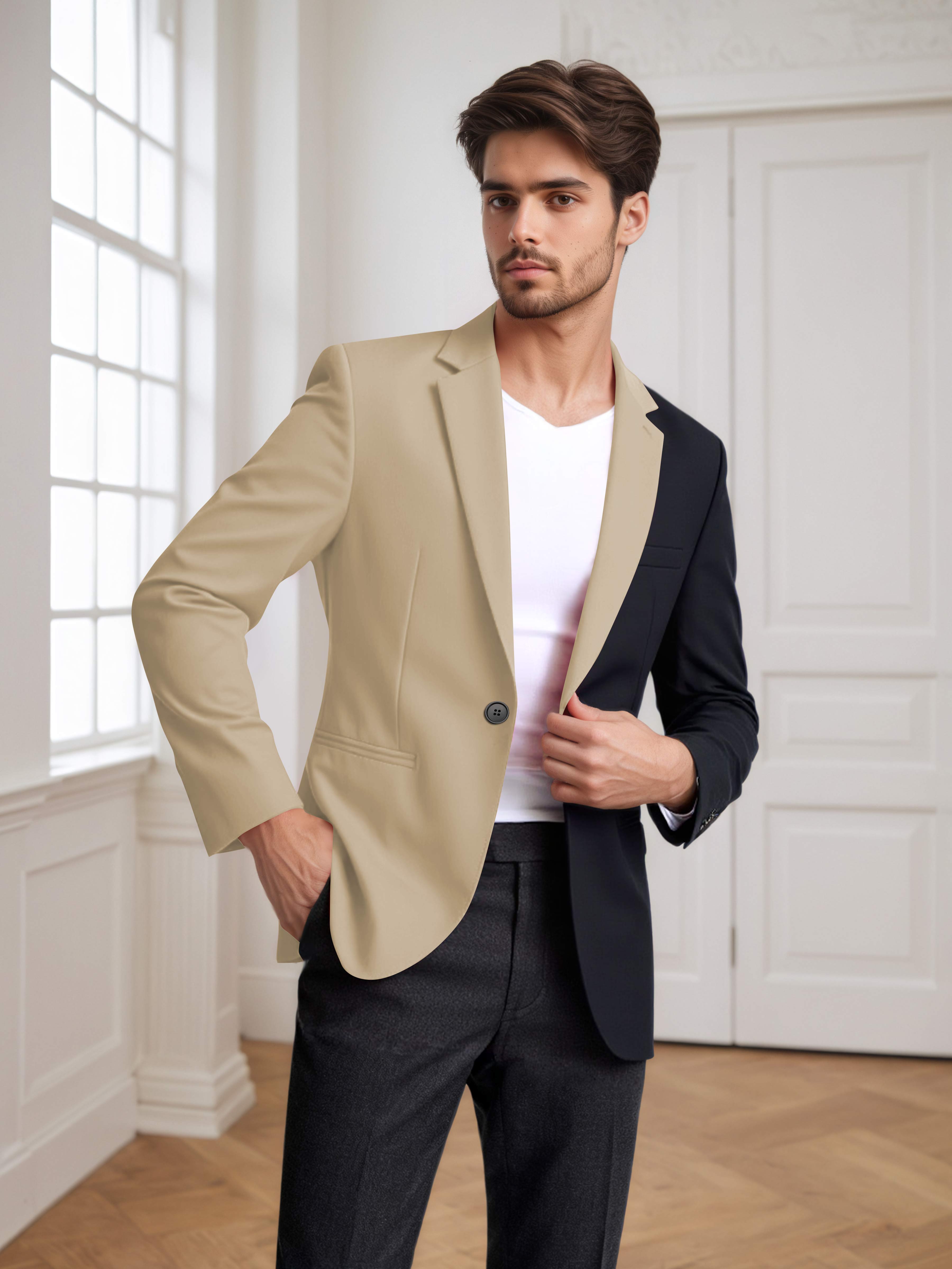 Contrast Panel Notch Lapel Men's 2 Pieces Suit for Casual Prom & Wedding