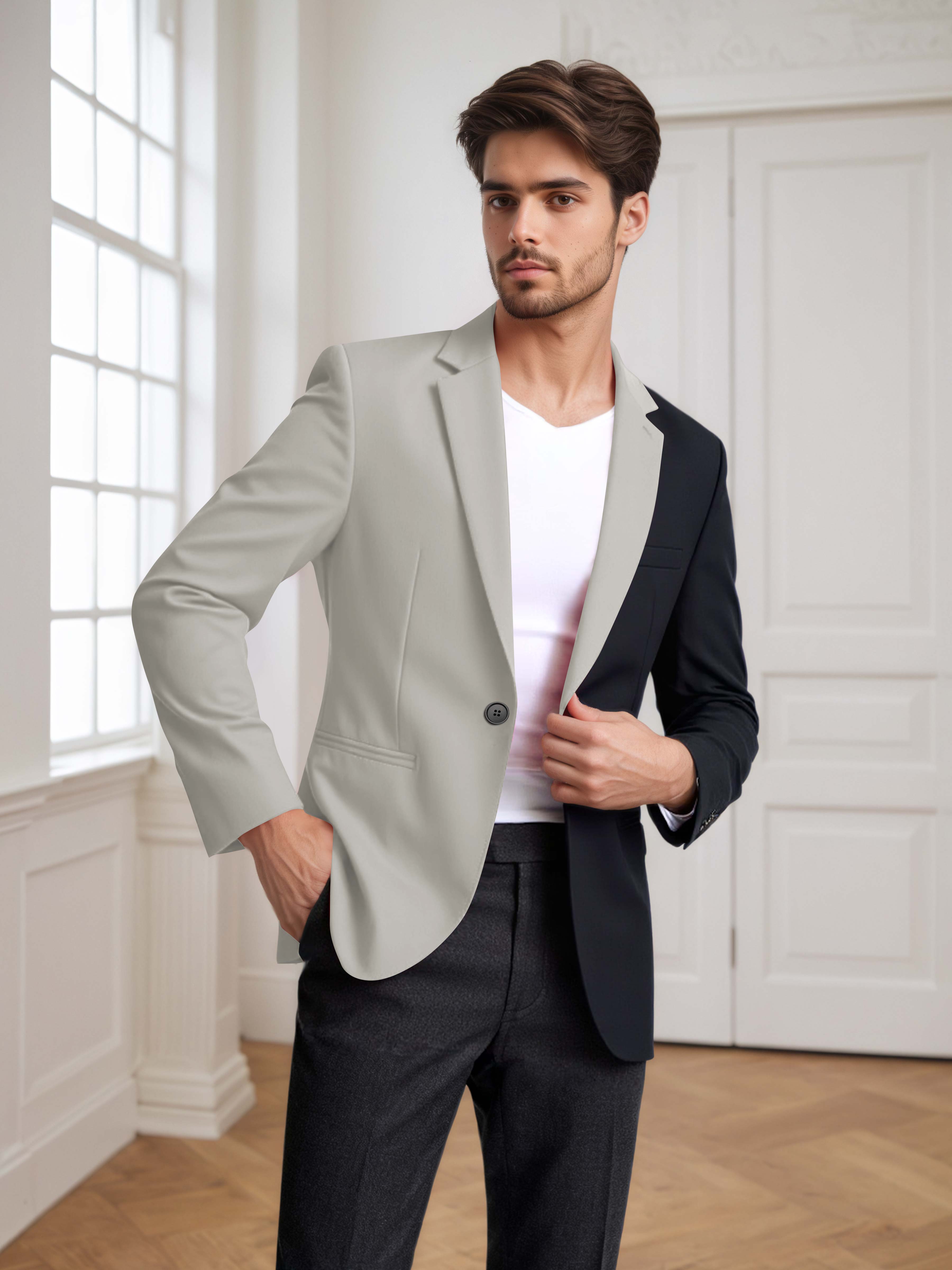 Contrast Panel Notch Lapel Men's 2 Pieces Suit for Casual Prom & Wedding