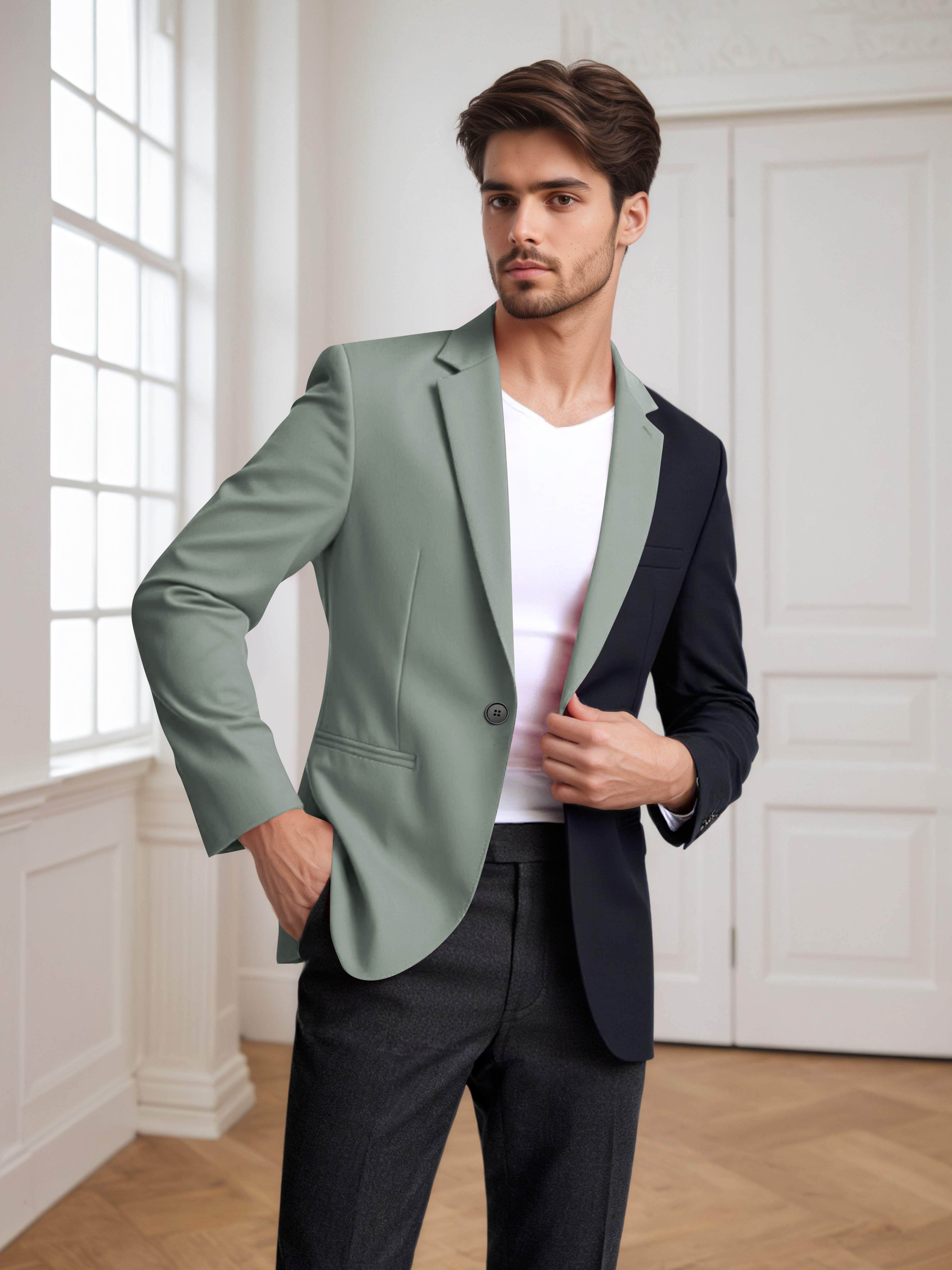 Contrast Panel Notch Lapel Men's 2 Pieces Suit for Casual Prom & Wedding