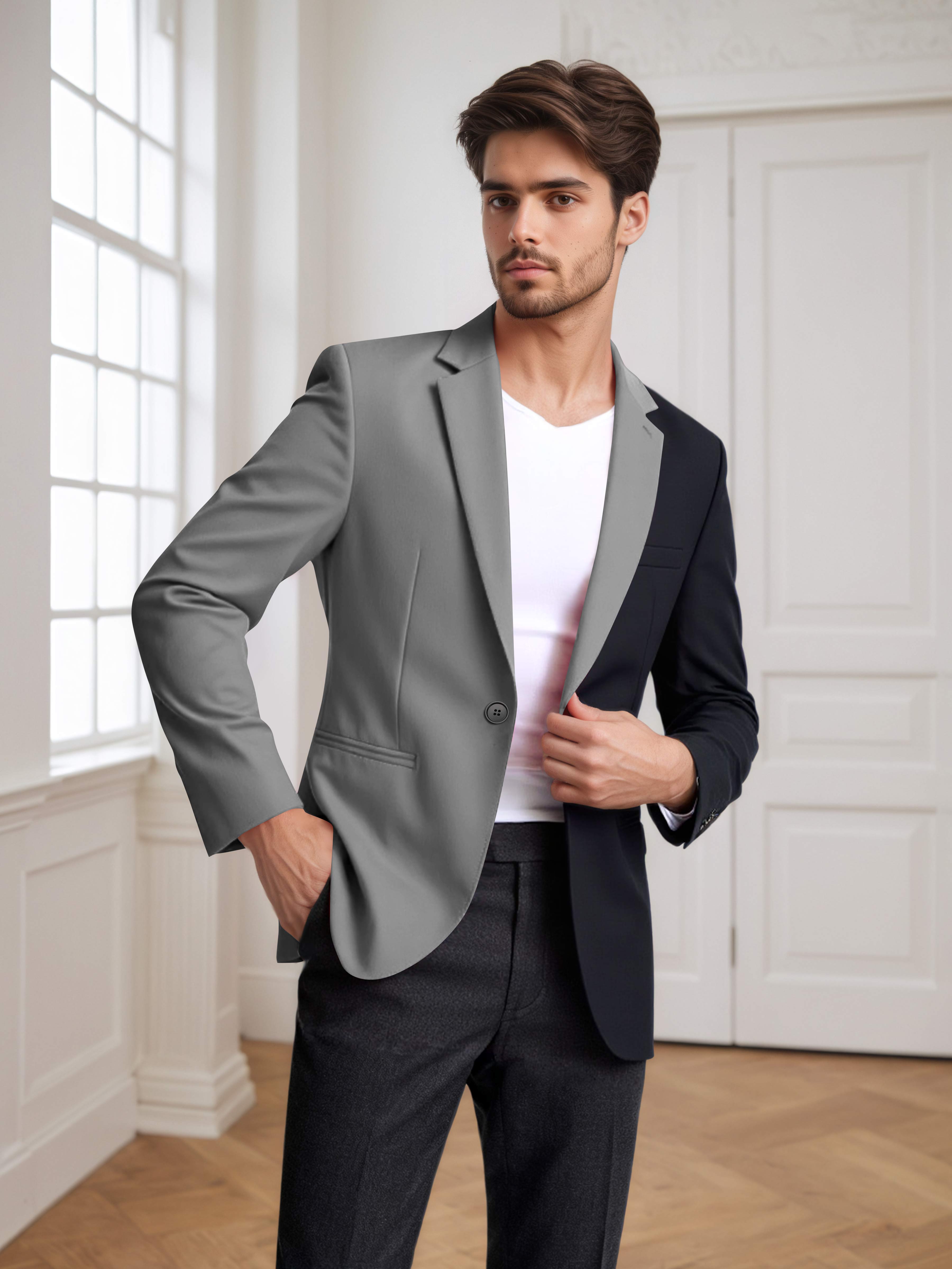 Contrast Panel Notch Lapel Men's 2 Pieces Suit for Casual Prom & Wedding