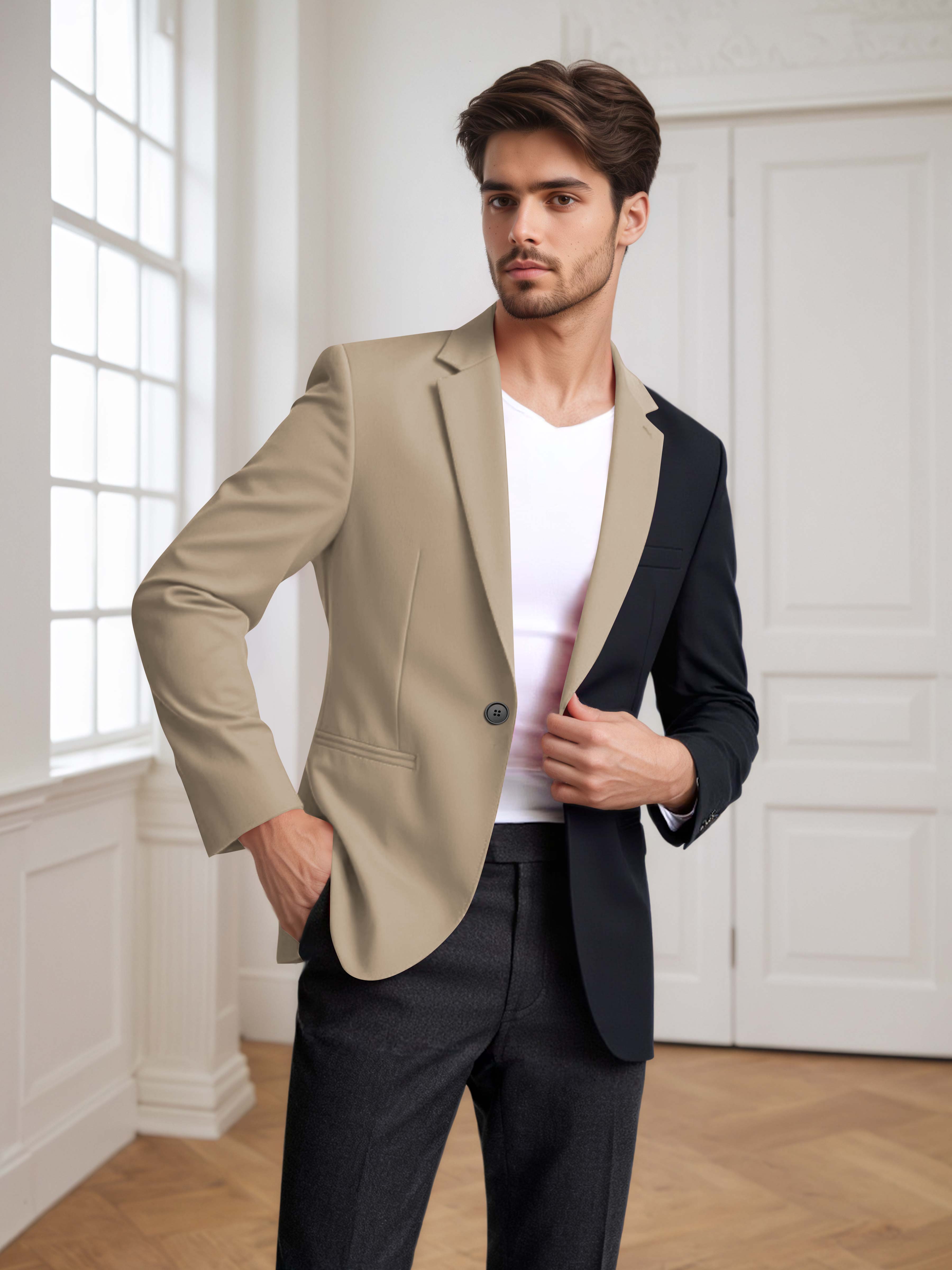 Contrast Panel Notch Lapel Men's 2 Pieces Suit for Casual Prom & Wedding