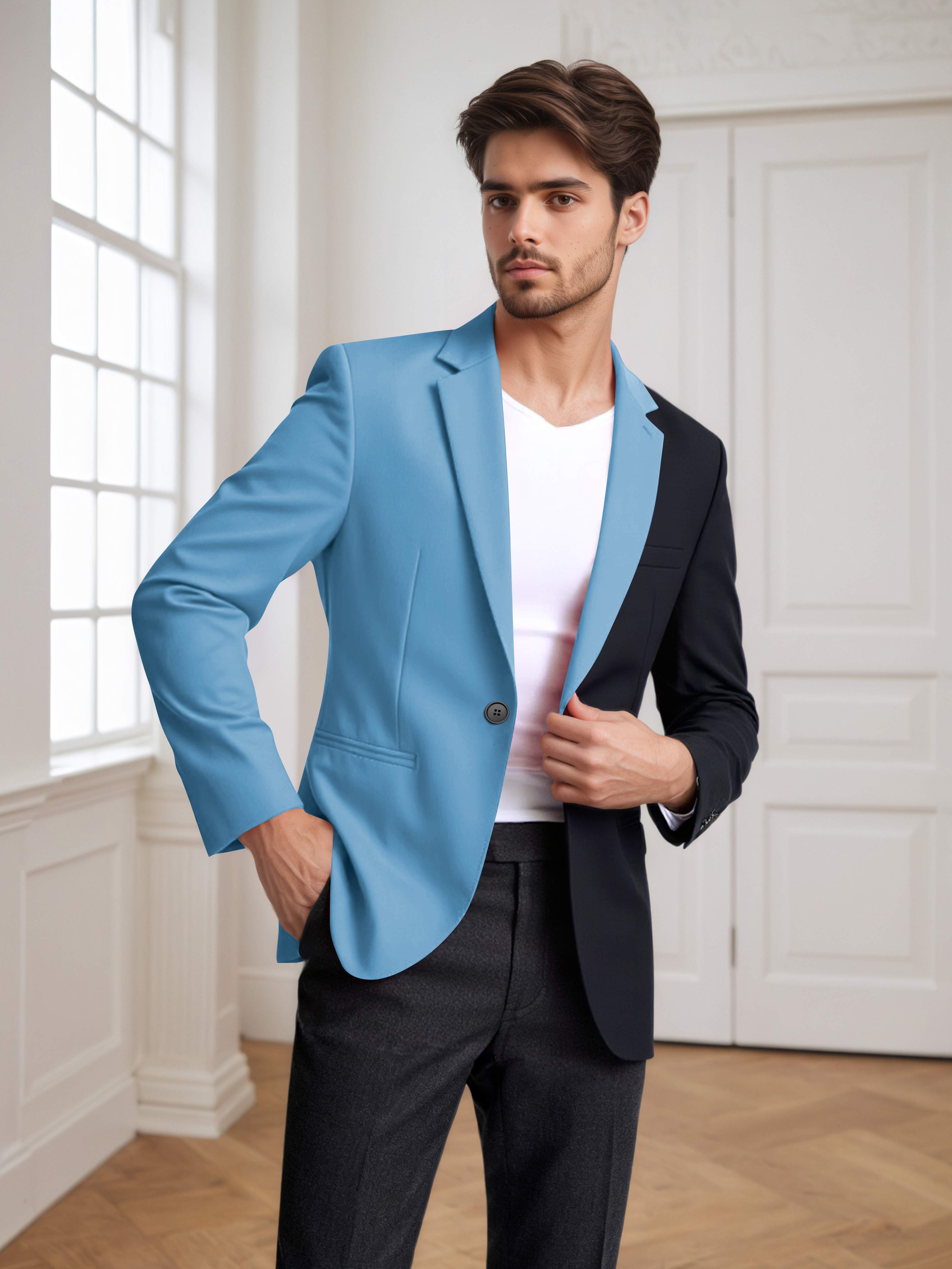 Contrast Panel Notch Lapel Men's 2 Pieces Suit for Casual Prom & Wedding