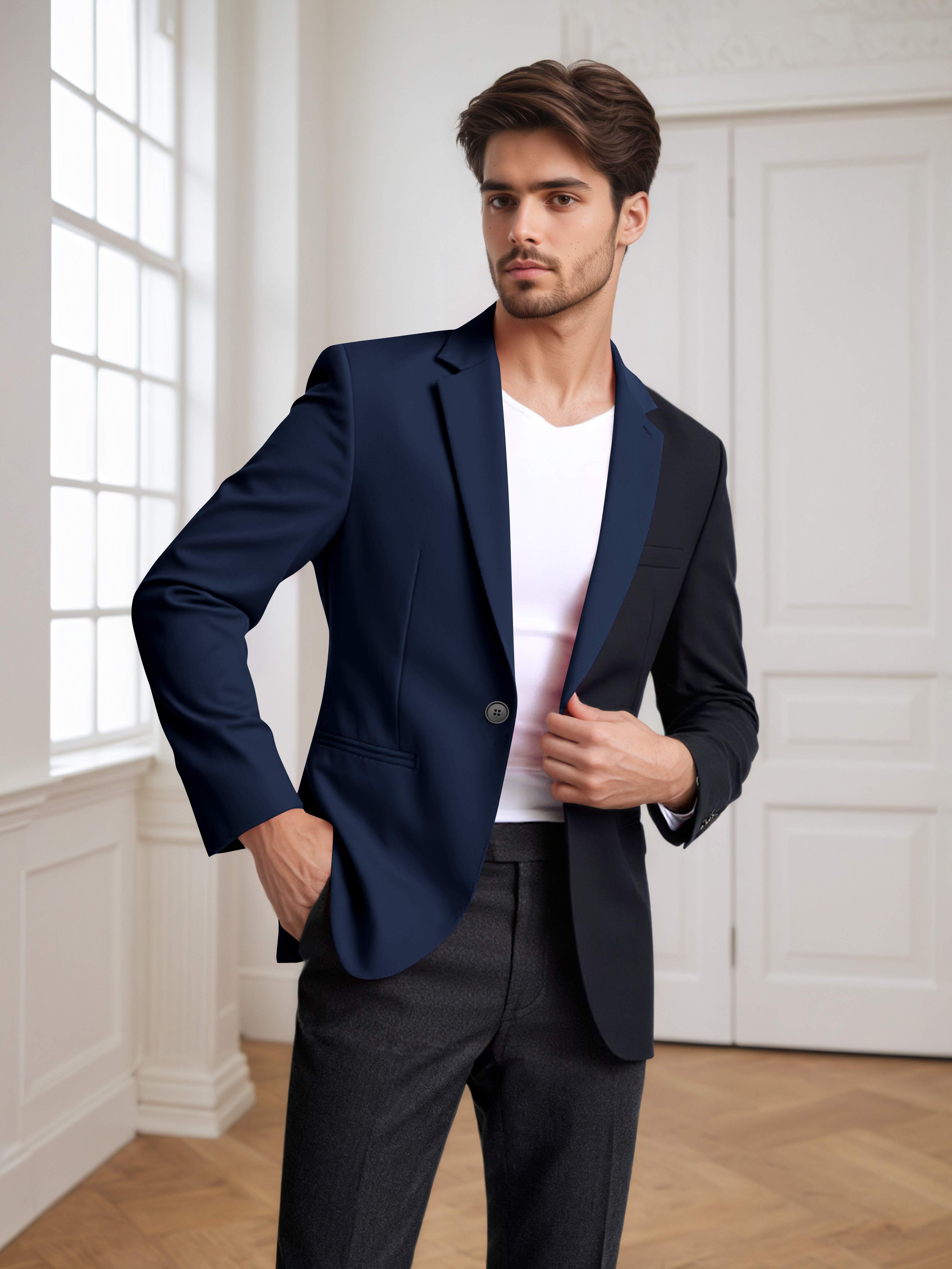 Contrast Panel Notch Lapel Men's 2 Pieces Suit for Casual Prom & Wedding