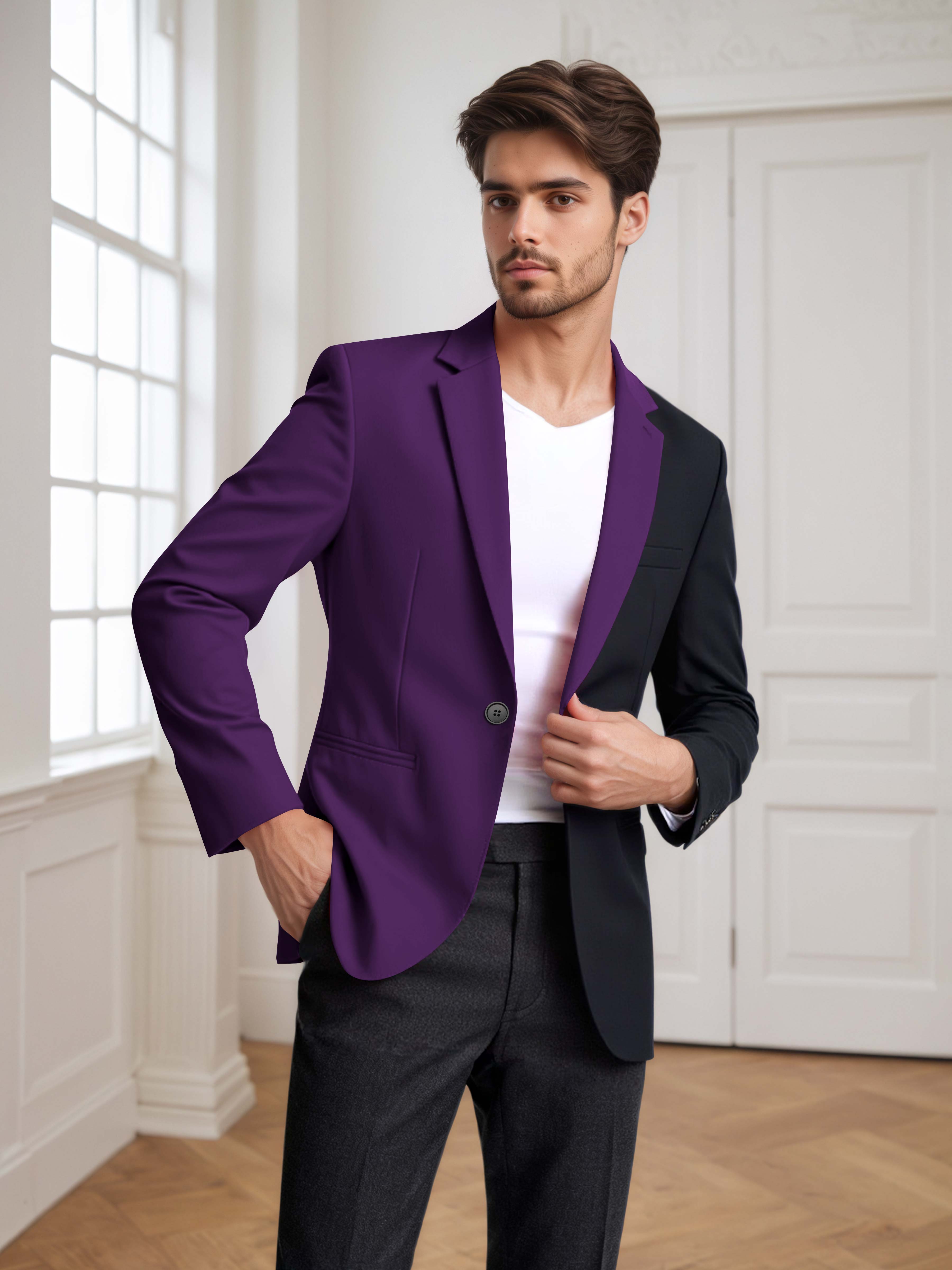 Contrast Panel Notch Lapel Men's 2 Pieces Suit for Casual Prom & Wedding