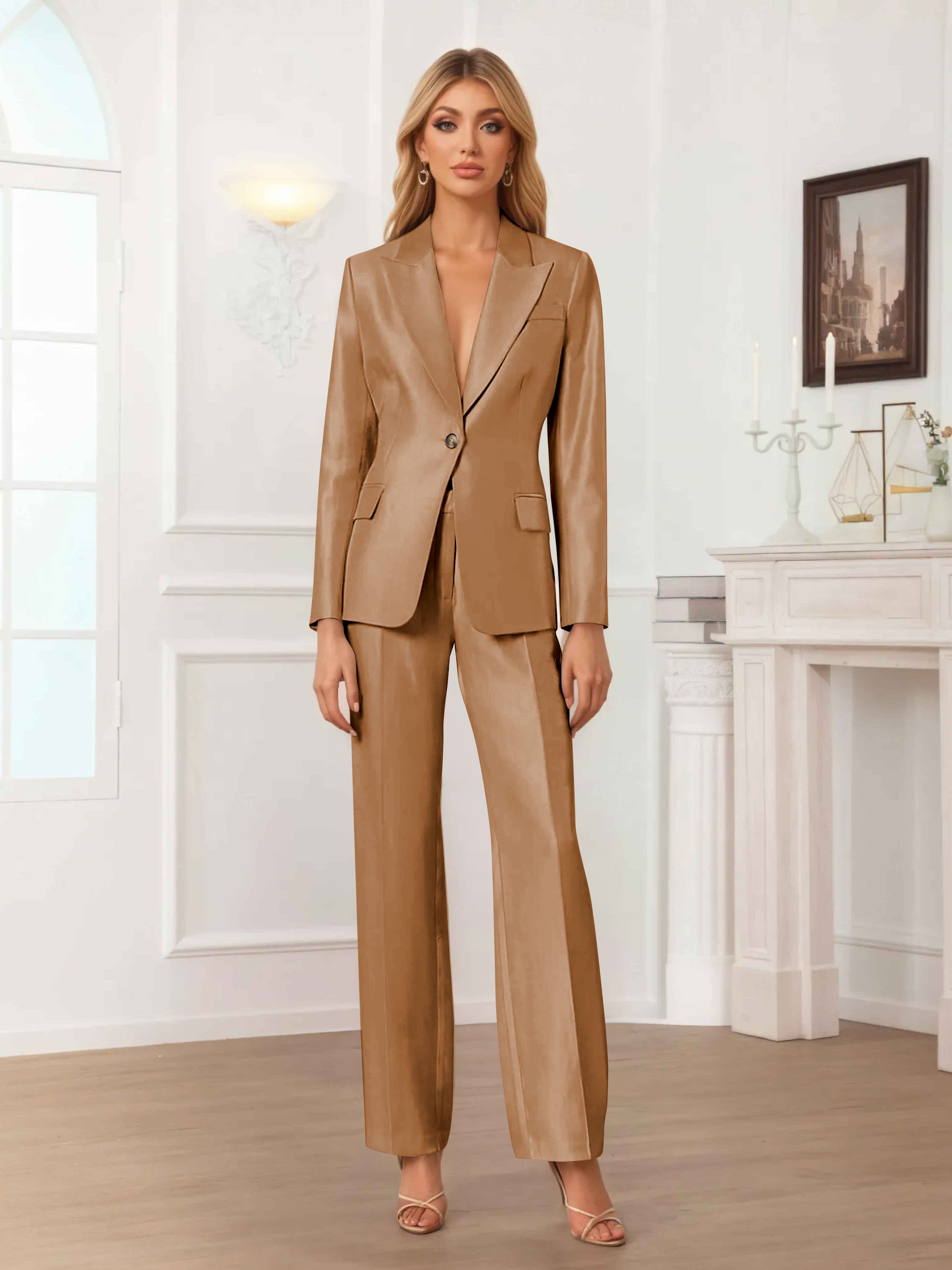Women's 2 Pieces Peak Lapel One-Button Satin Formal Suit Set