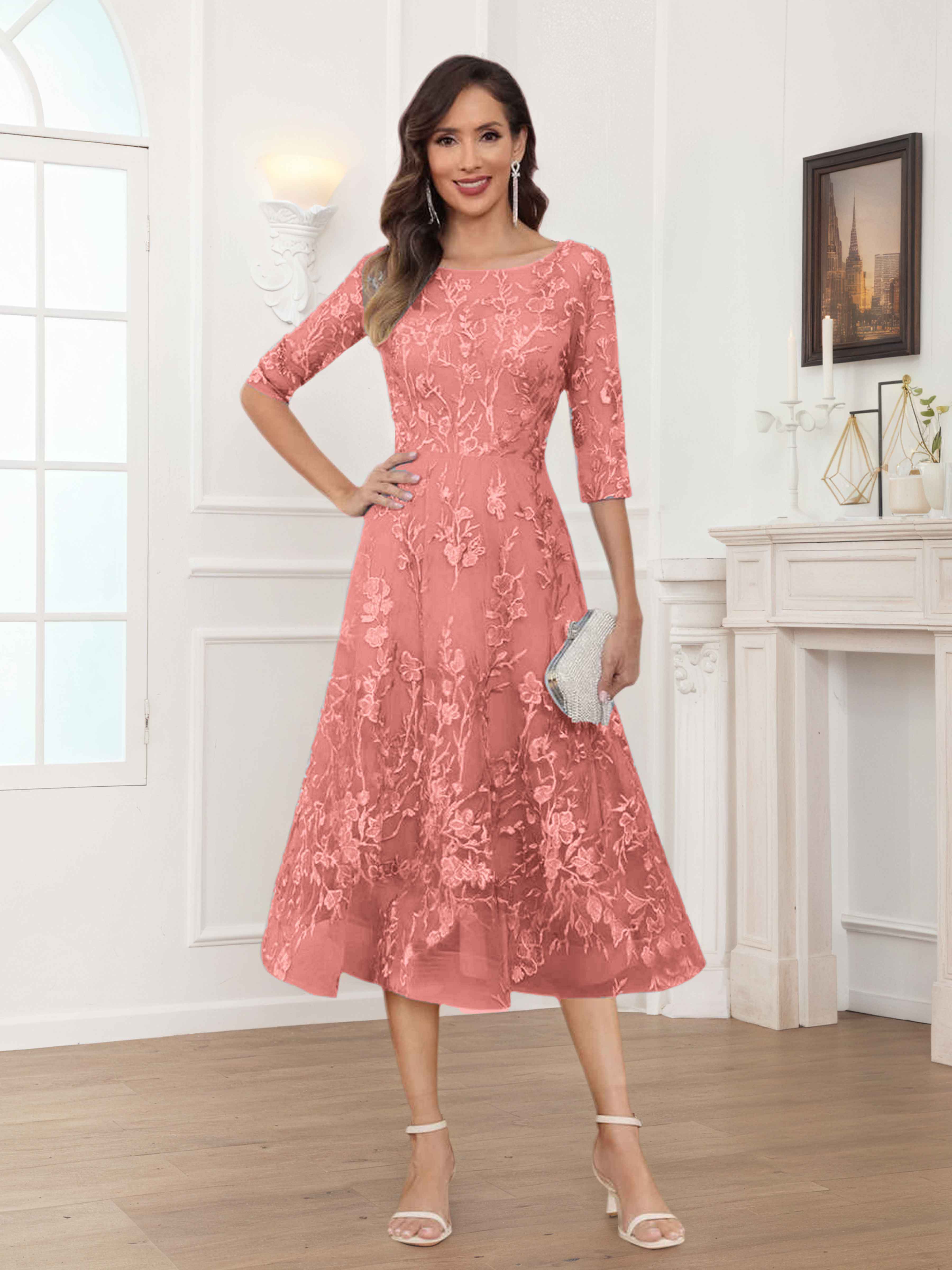 Pax Exquisite A-Line Illusion Lace Tea Length Mother of The Bride Dresses