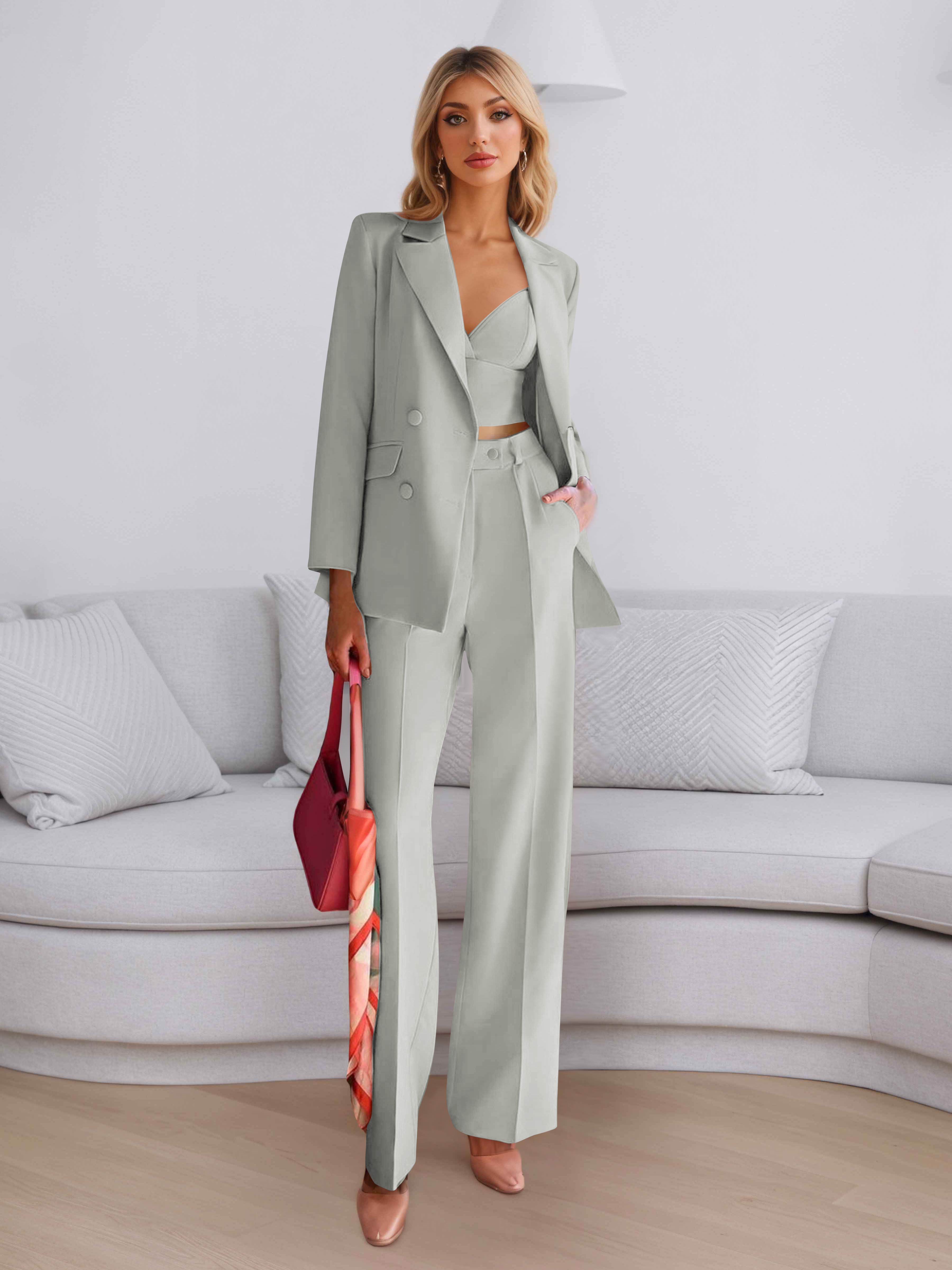 Elegant Women's 3 Pieces Solid Formal Blazer and Pants Suit Set