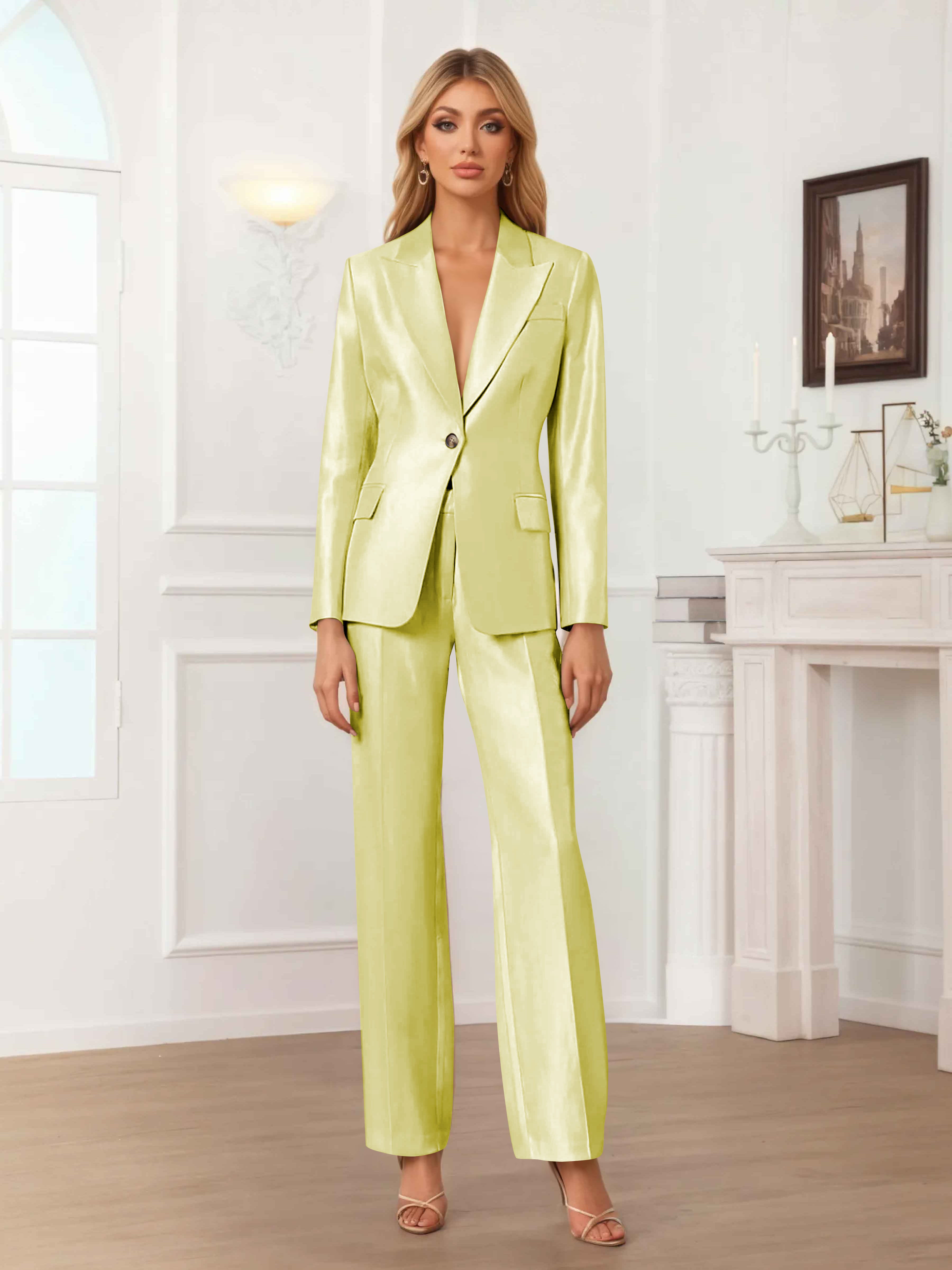 Women's 2 Pieces Peak Lapel One-Button Satin Formal Suit Set
