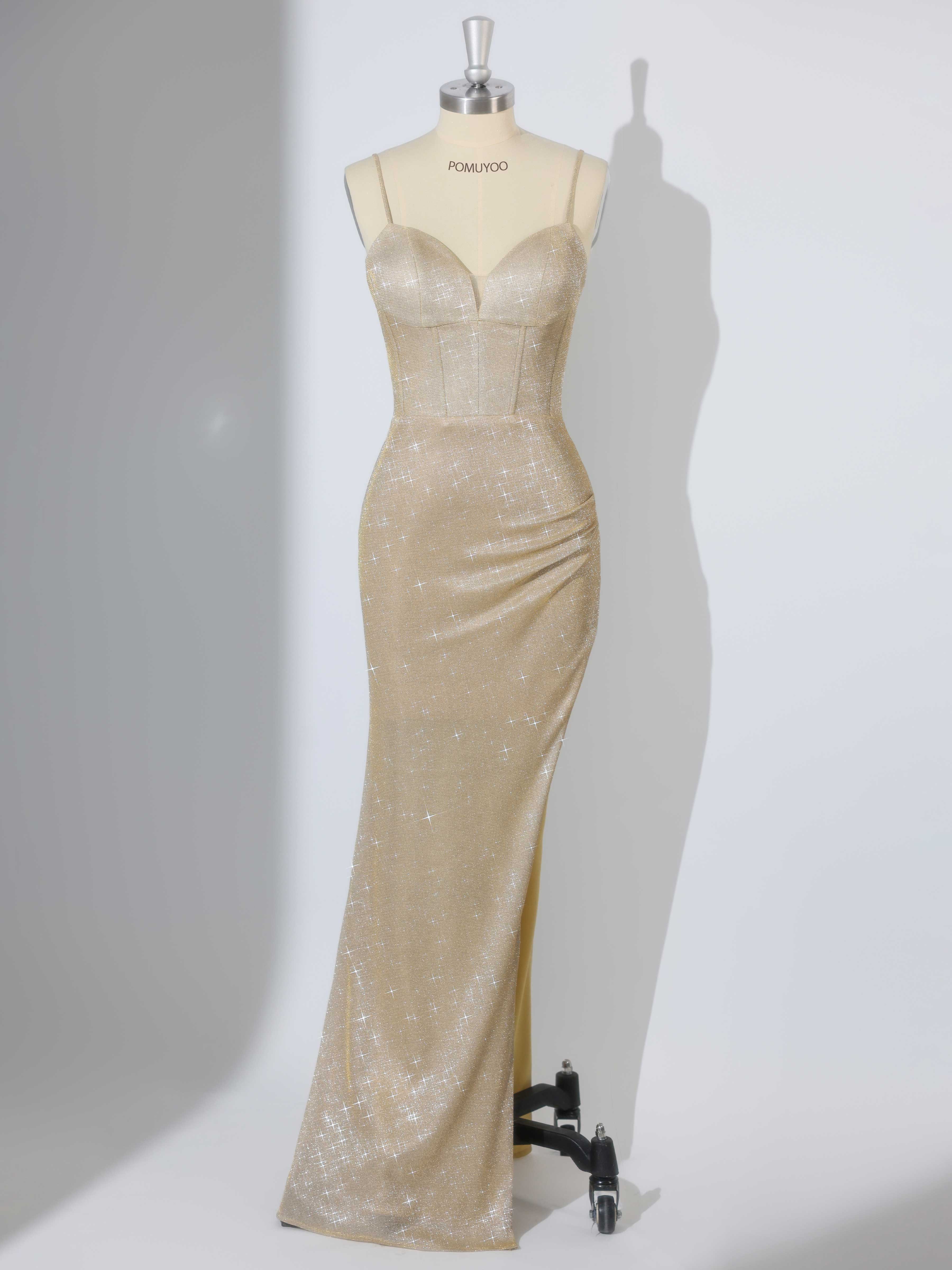 Dazzling Mermaid Spaghetti Straps Pleated Long Glitter Prom Dresses