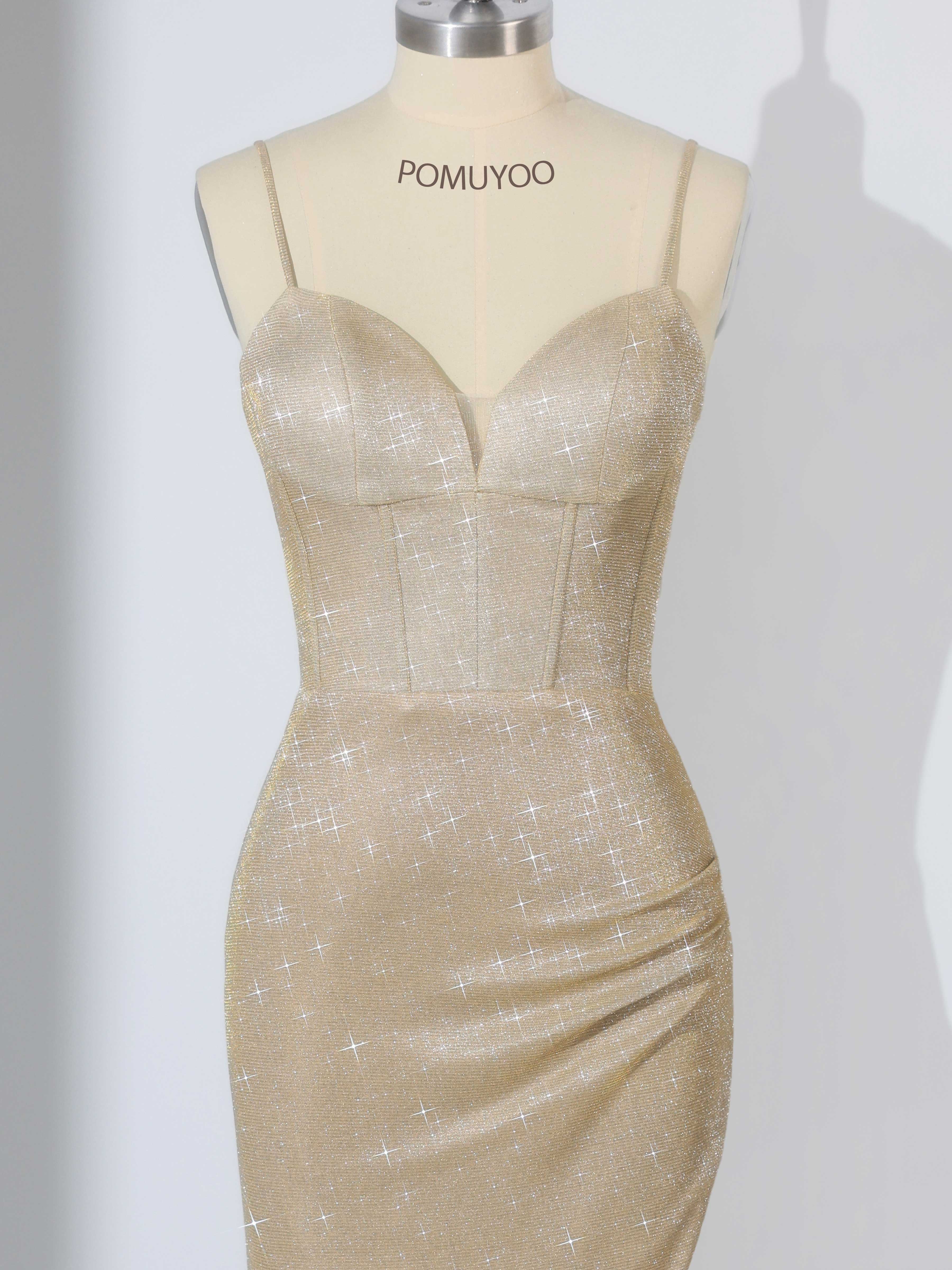 Dazzling Mermaid Spaghetti Straps Pleated Long Glitter Prom Dresses