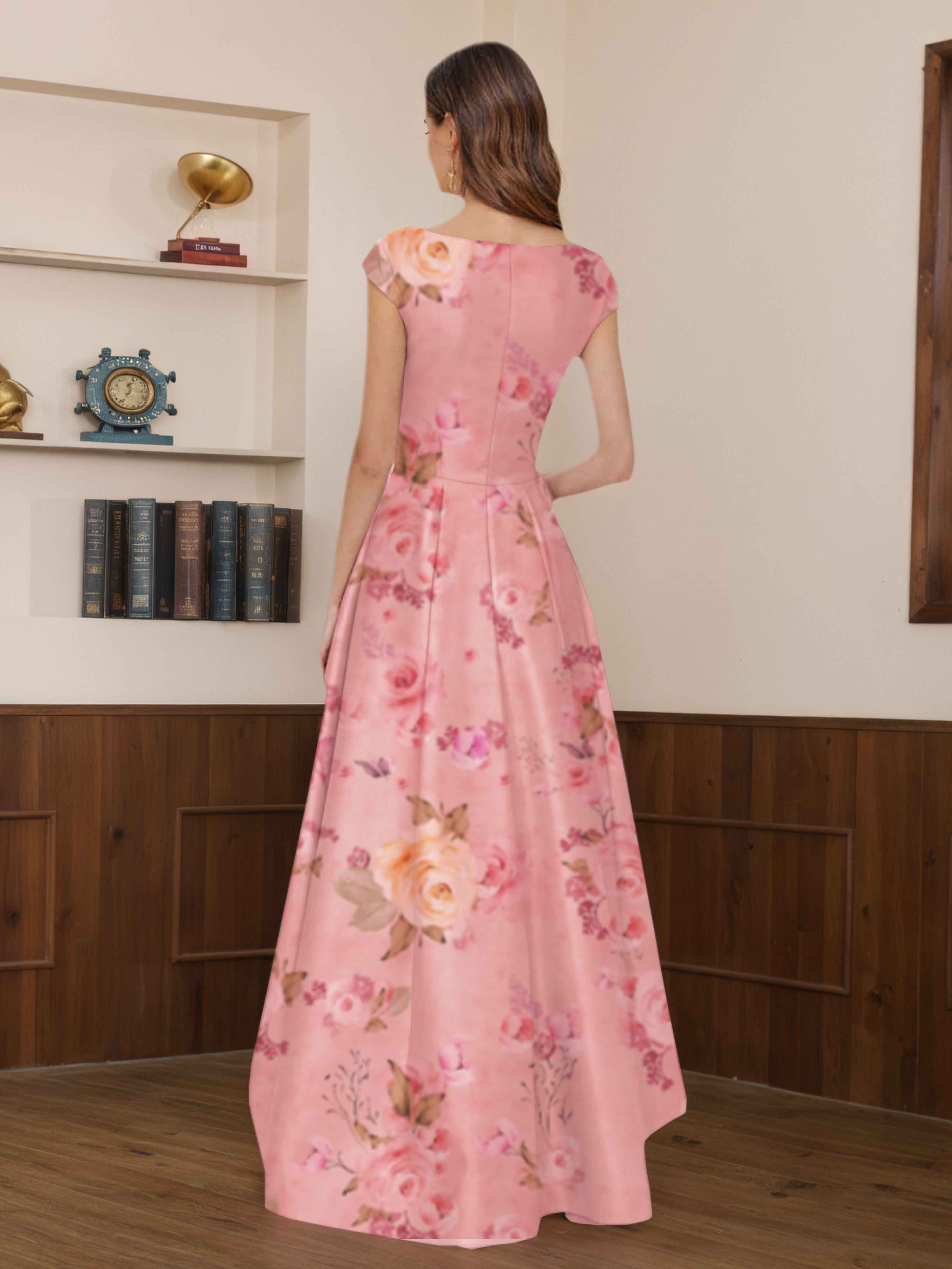Delyth Unique Pink Floral Asymmetrical Satin Mother of the Bride Dresses