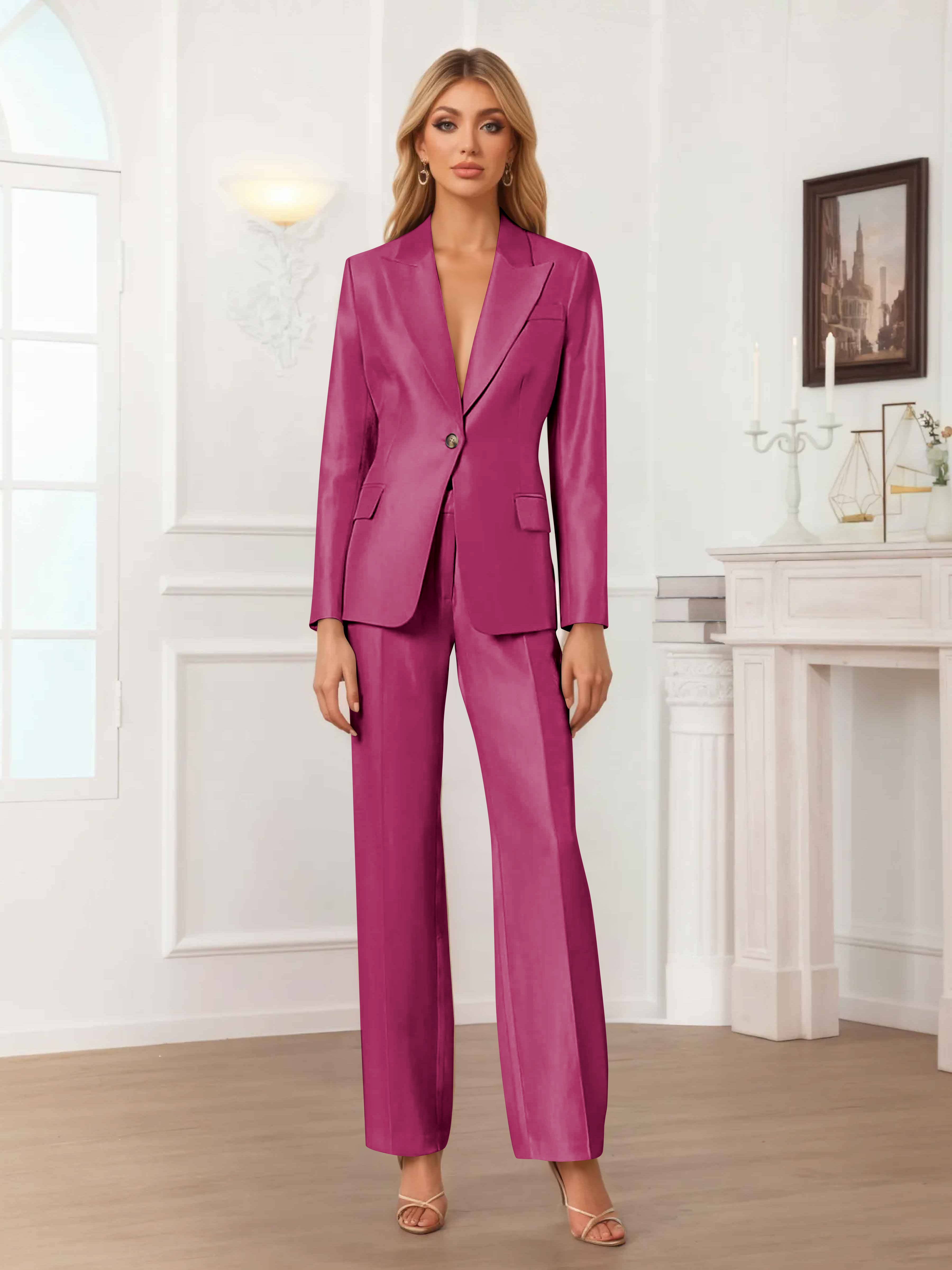 Women's 2 Pieces Peak Lapel One-Button Satin Formal Suit Set
