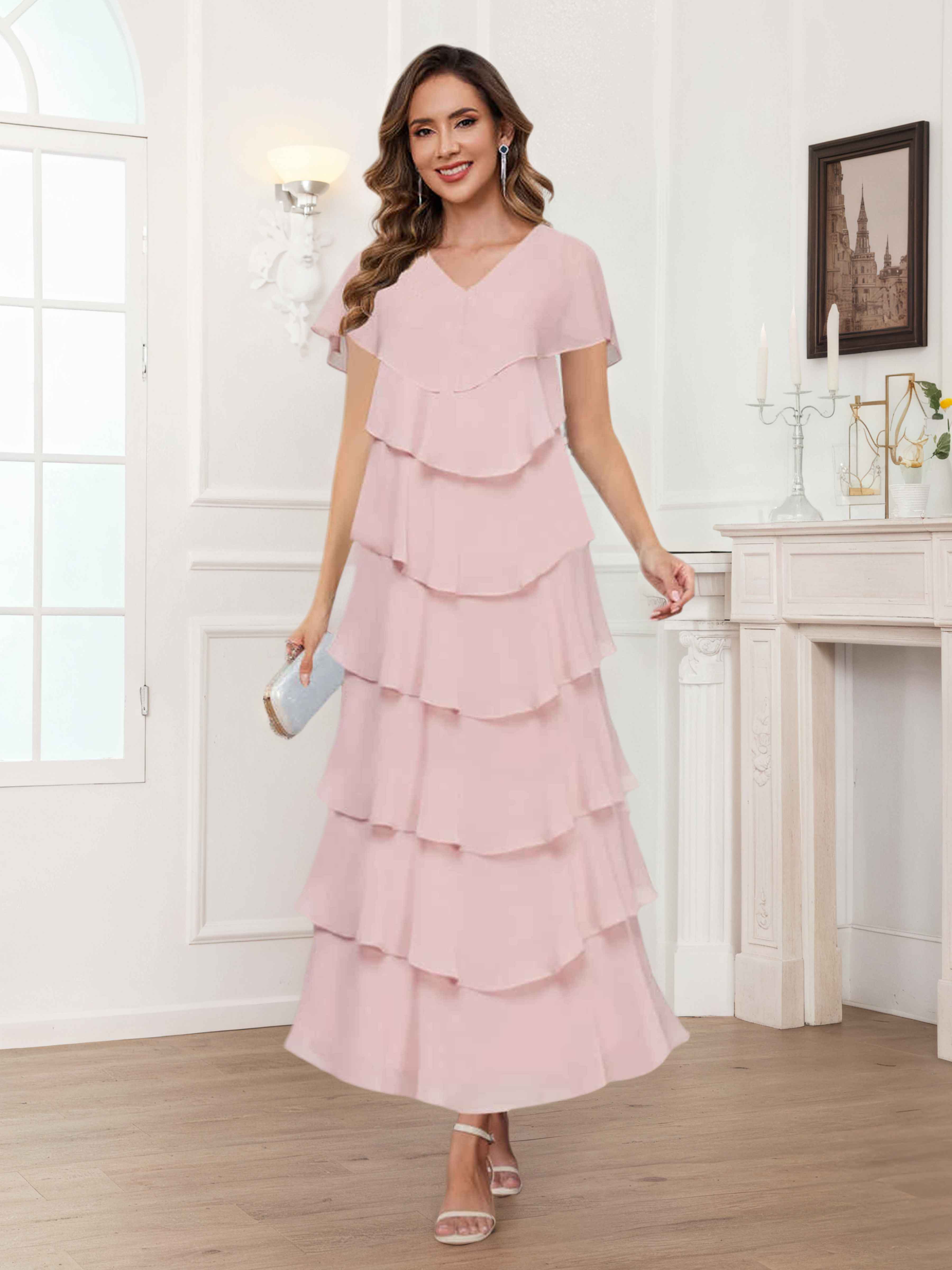 Diantha Chic V Neck Tiered Long Chiffon Mother Of The Bride Dresses